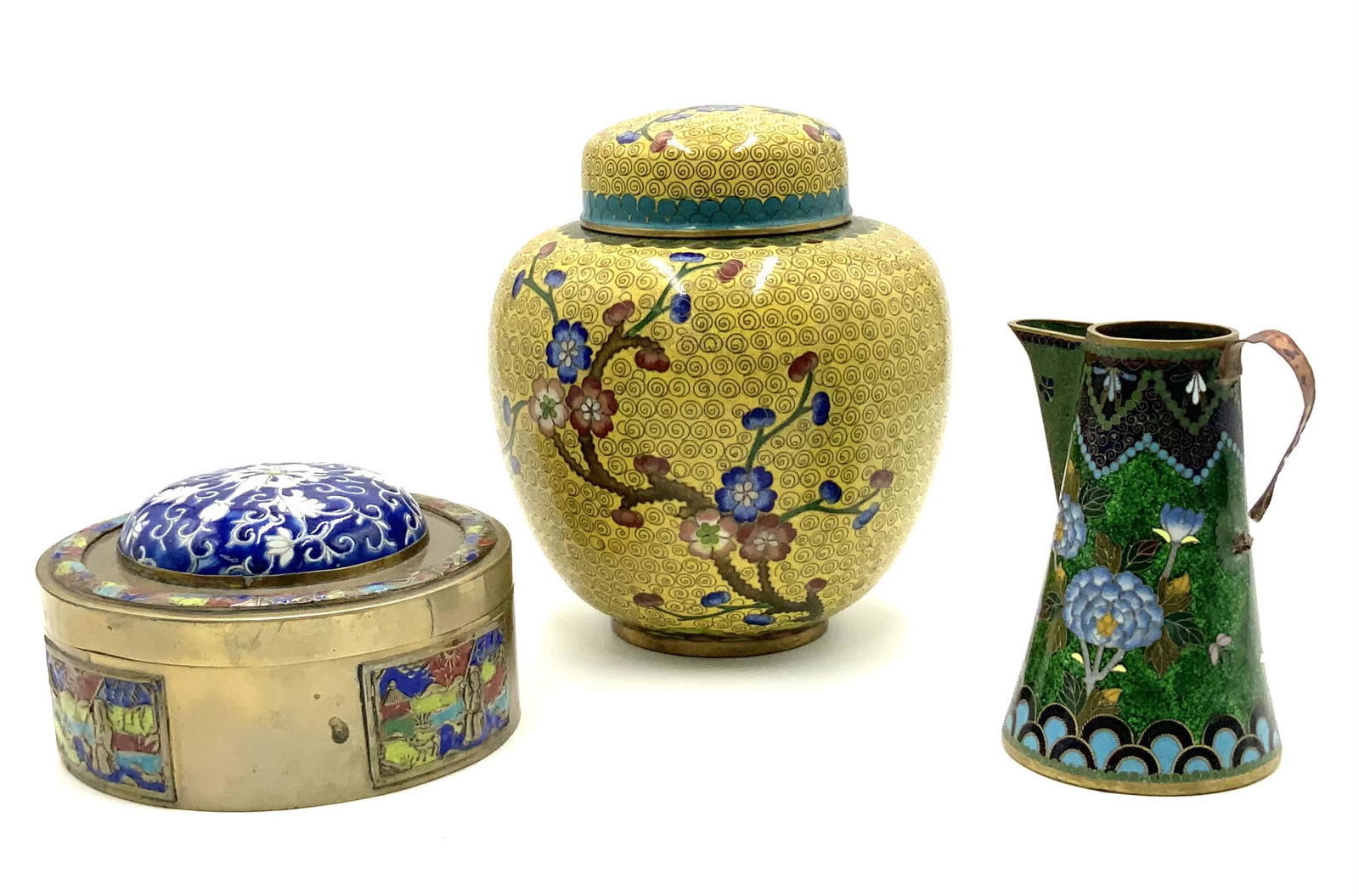 Lot: 3 Pcs.: Chinese Cloisonne Pcs. & Enamel Box. (1 of 2)