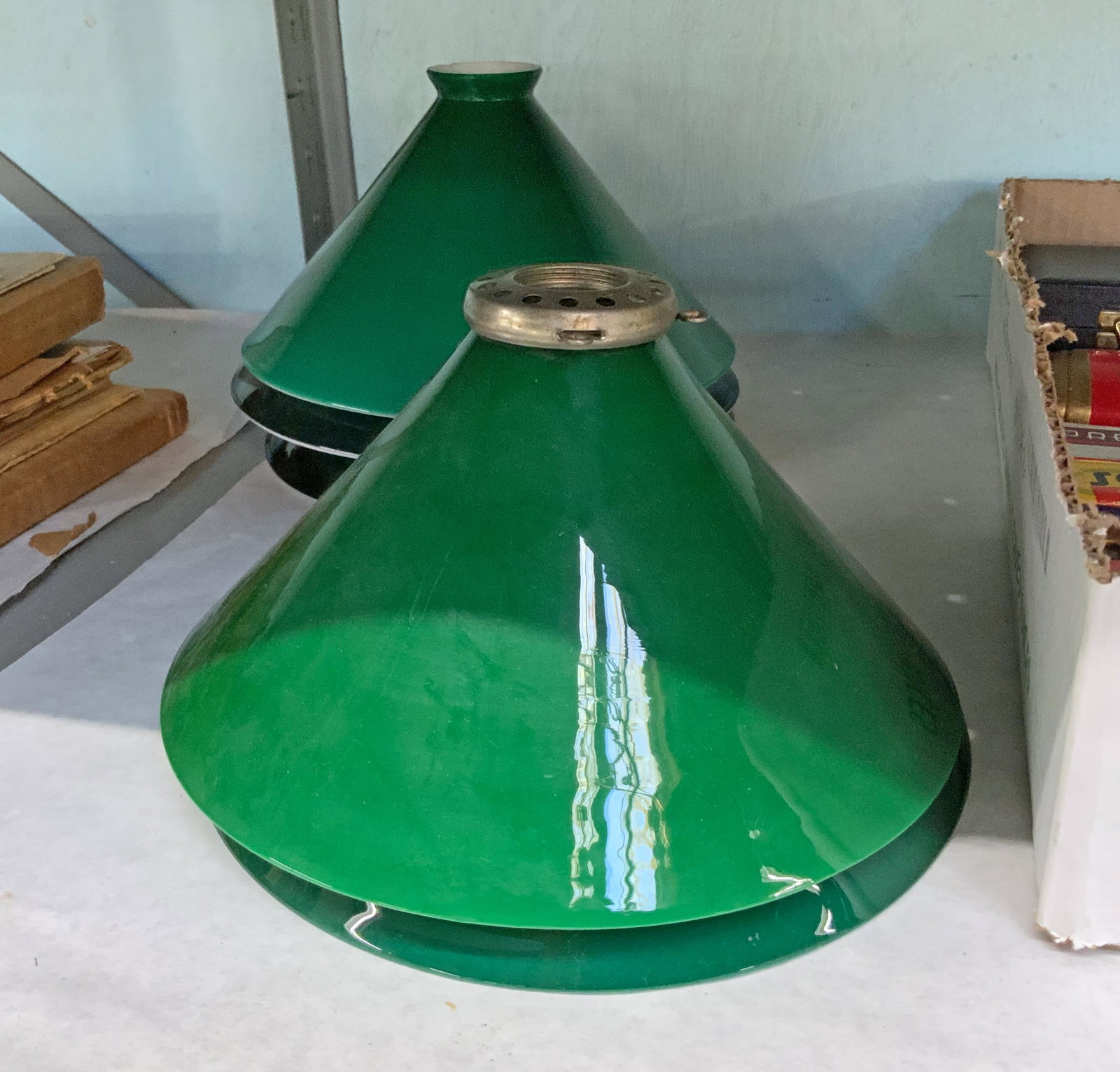 Lot of 5 Vintage Green Glass Lamp Shades.: These are Emeralite-style funnel shades, each measuring approximately 10" in diameter and 5" tall. They look to be in Good condition overall. One is marked, "West Germany". There are some slight diffe