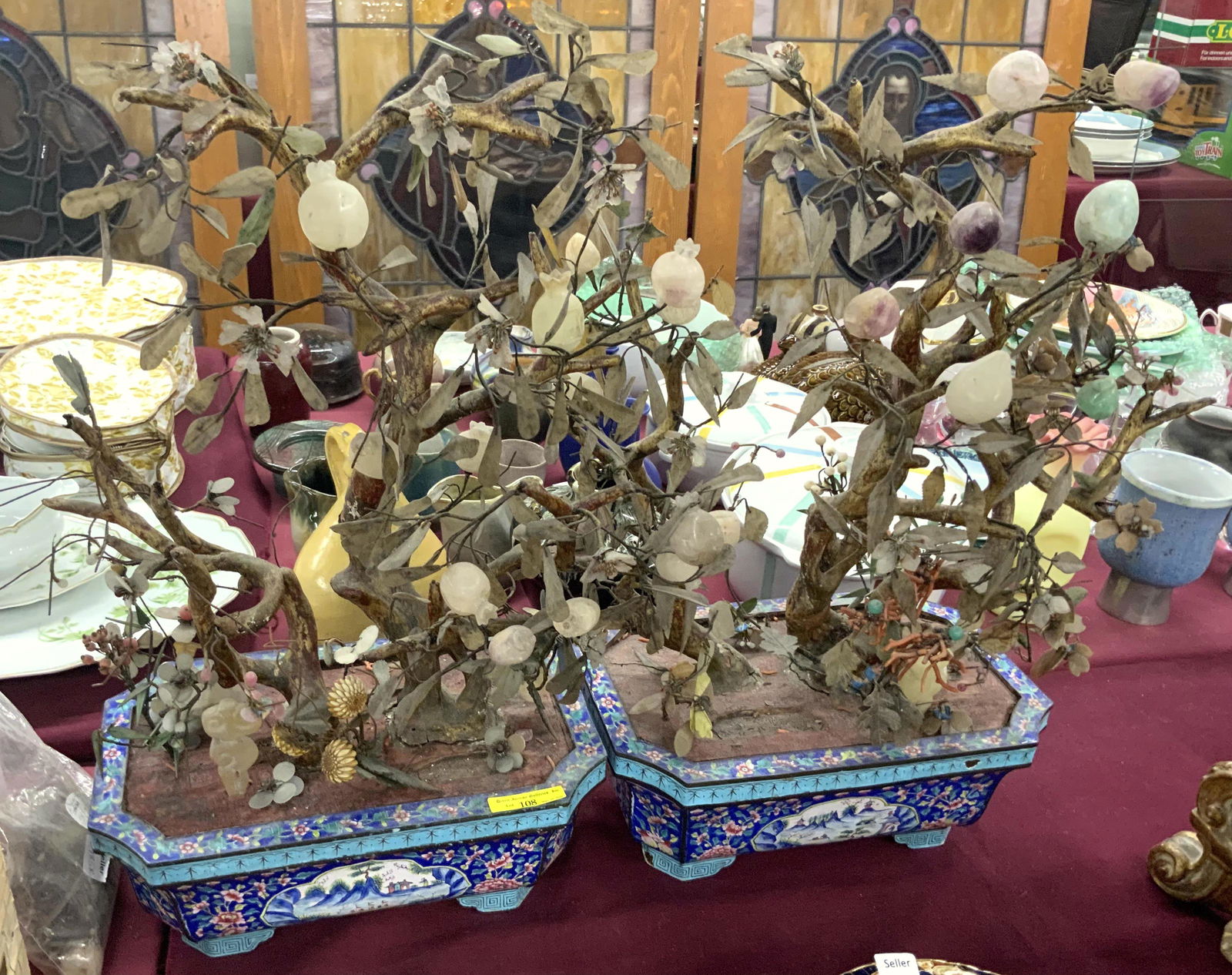 Pair of Cloisonne Hardstone Tree Planters. (1 of 2)