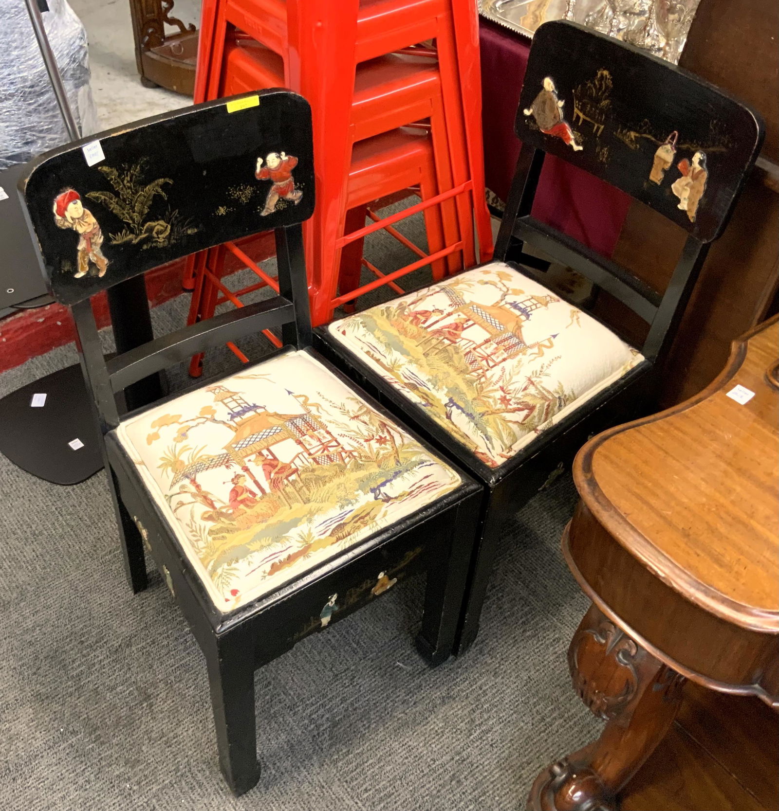 Pr. of Chinese Black Lacquer Figural Side Chairs. (1 of 1)