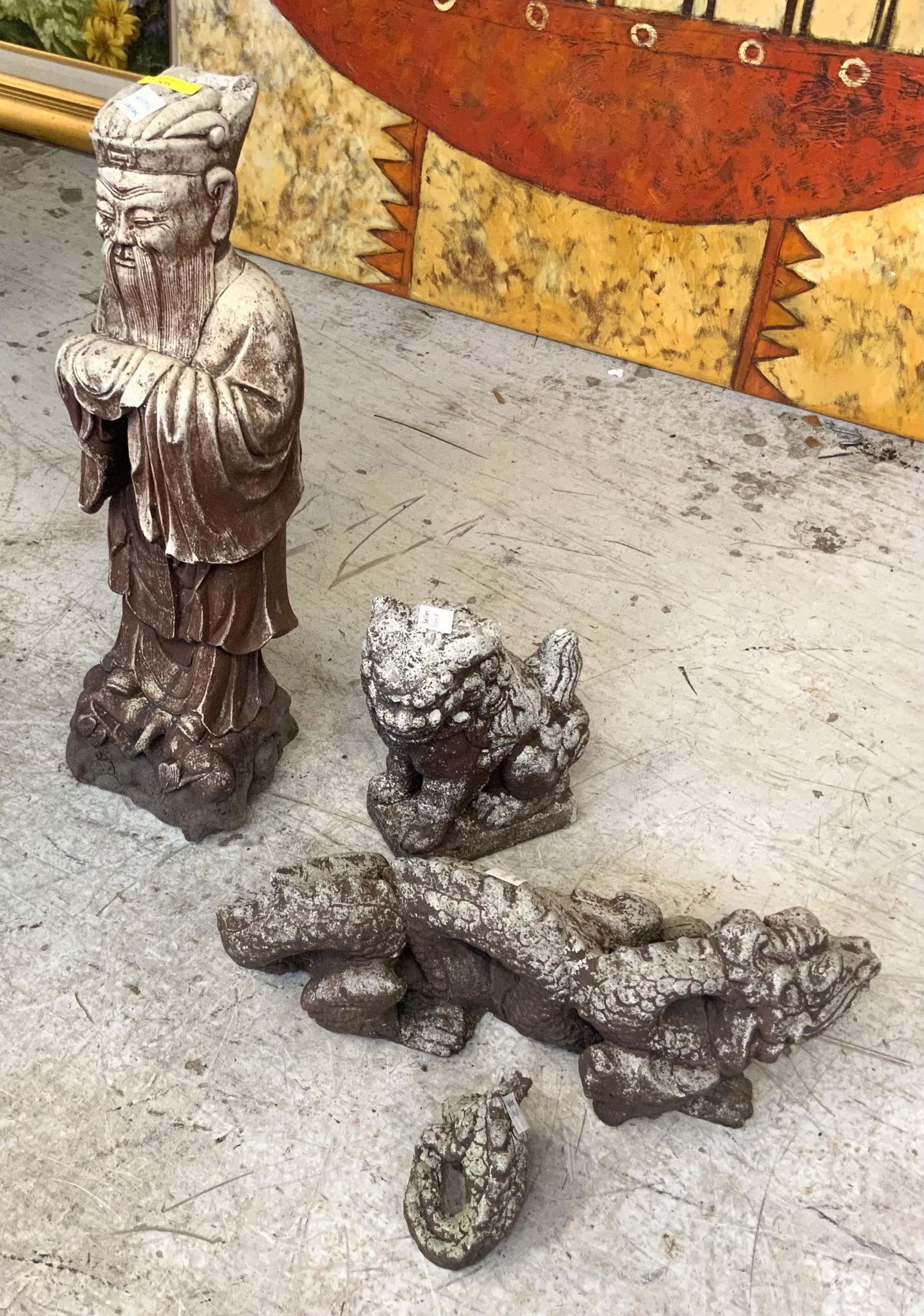 Lot of 3 Concrete Asian Figural Yard Ornaments. (1 of 1)