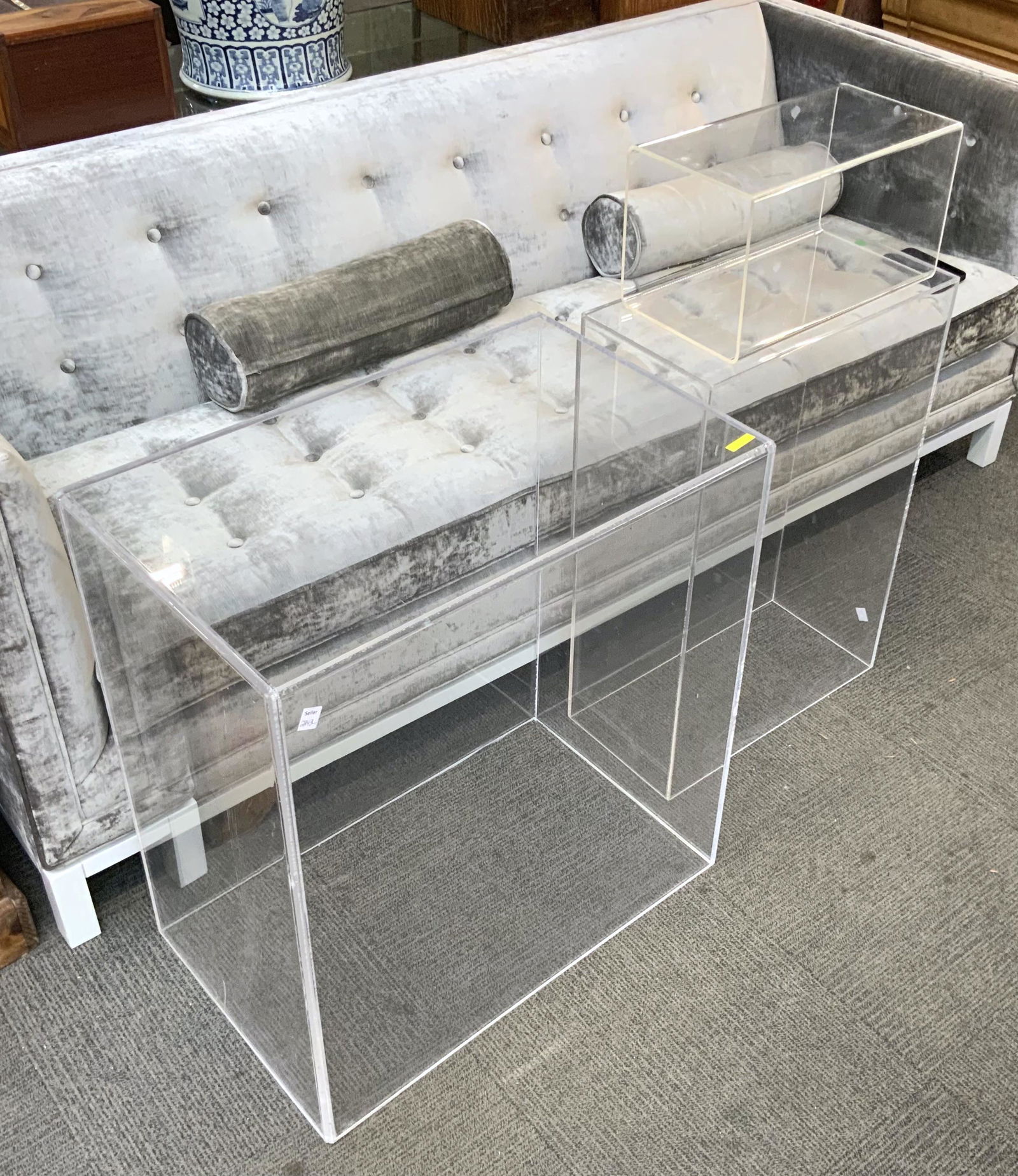 Lot of 3 Lucite Display Covers / Stands.: The Sofa in the Picture is NOT Included, only the Lucite Pieces. The Largest Piece measures 28" wide, 17" wide, and 30" tall. The Mid-size Piece measures 20" wide, 10" deep, and 30" tall. The Smallest