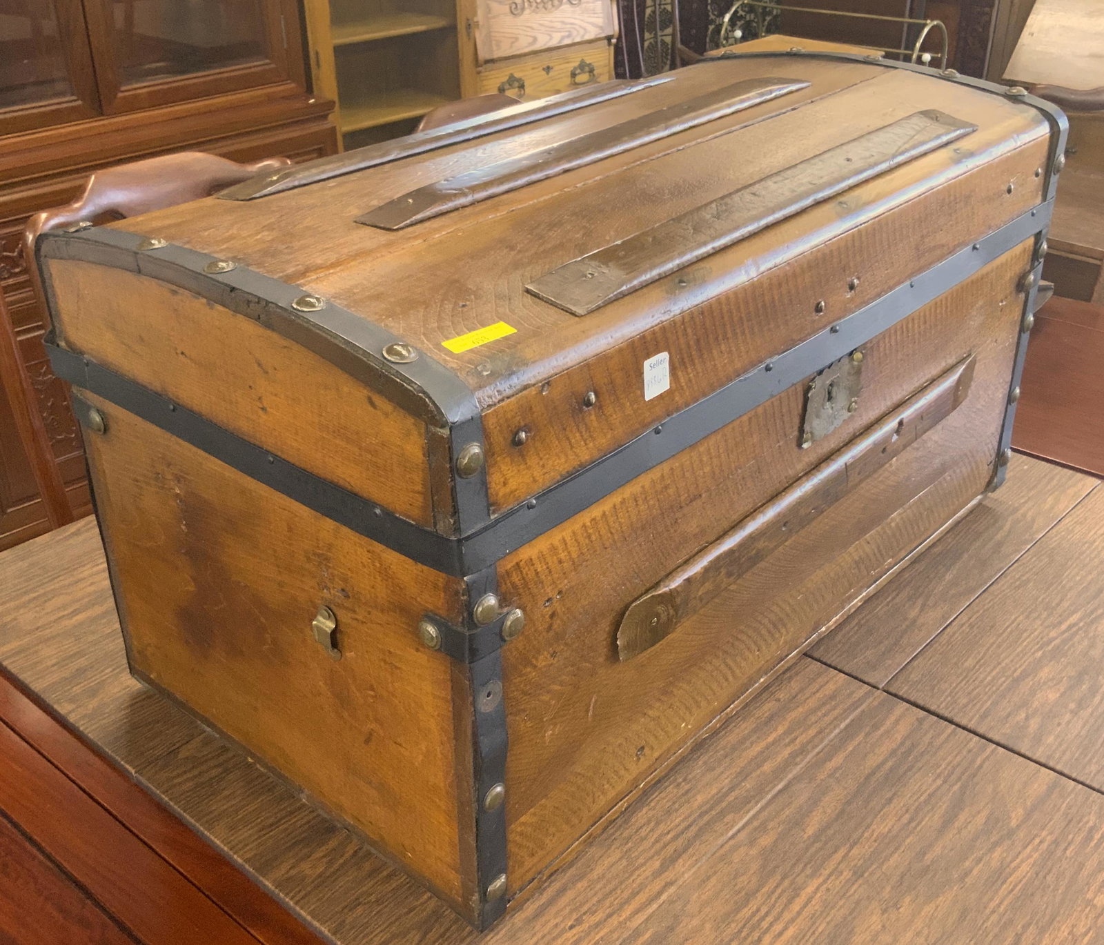 Antique Wooden Trunk.: The Trunk has a Nice Patina to it, and it is in Very Good Overall Condition. It measures 16" High, 29 3/4" Wide, and 16" Deep. Third-Party Shipping or Personal Pickup Required.