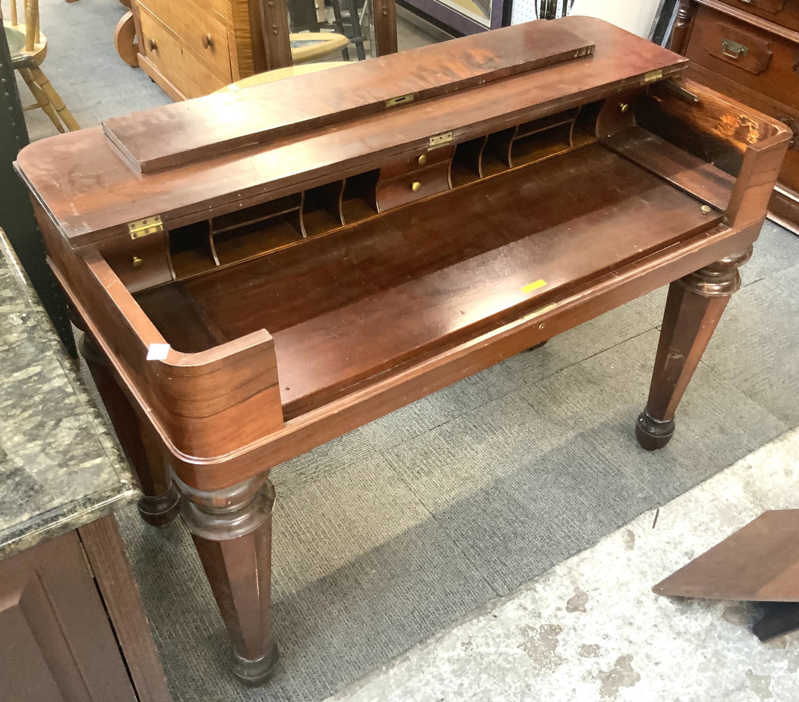 Antique Piano Desk.: The Desk has Small Drawers and Cubbyholes on the Inside. It measures 33" Tall, 47" Wide, and 22 1/2" Deep. Third-Party Freight Shipping or Personal Pickup Required.