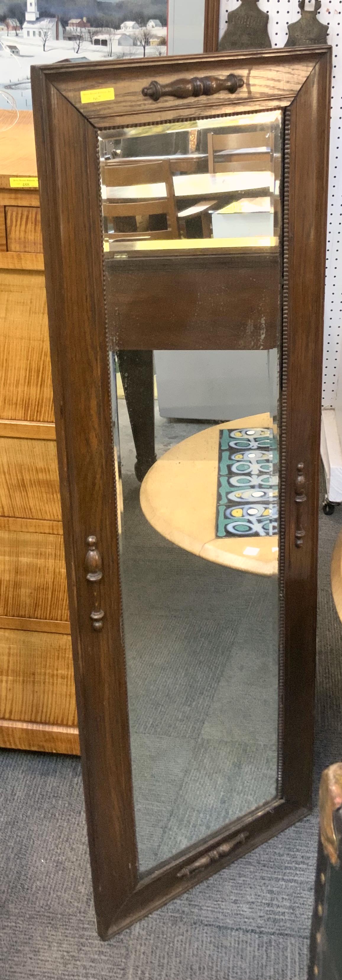 Long, thin Antique Oak Bevelled Mirror.: This Mirror is in Reasonably Good Condition for its age. It measures 51 1/2" Long and 17 1/2" Wide. Third-Party Freight Shipping or Personal Pickup Required.