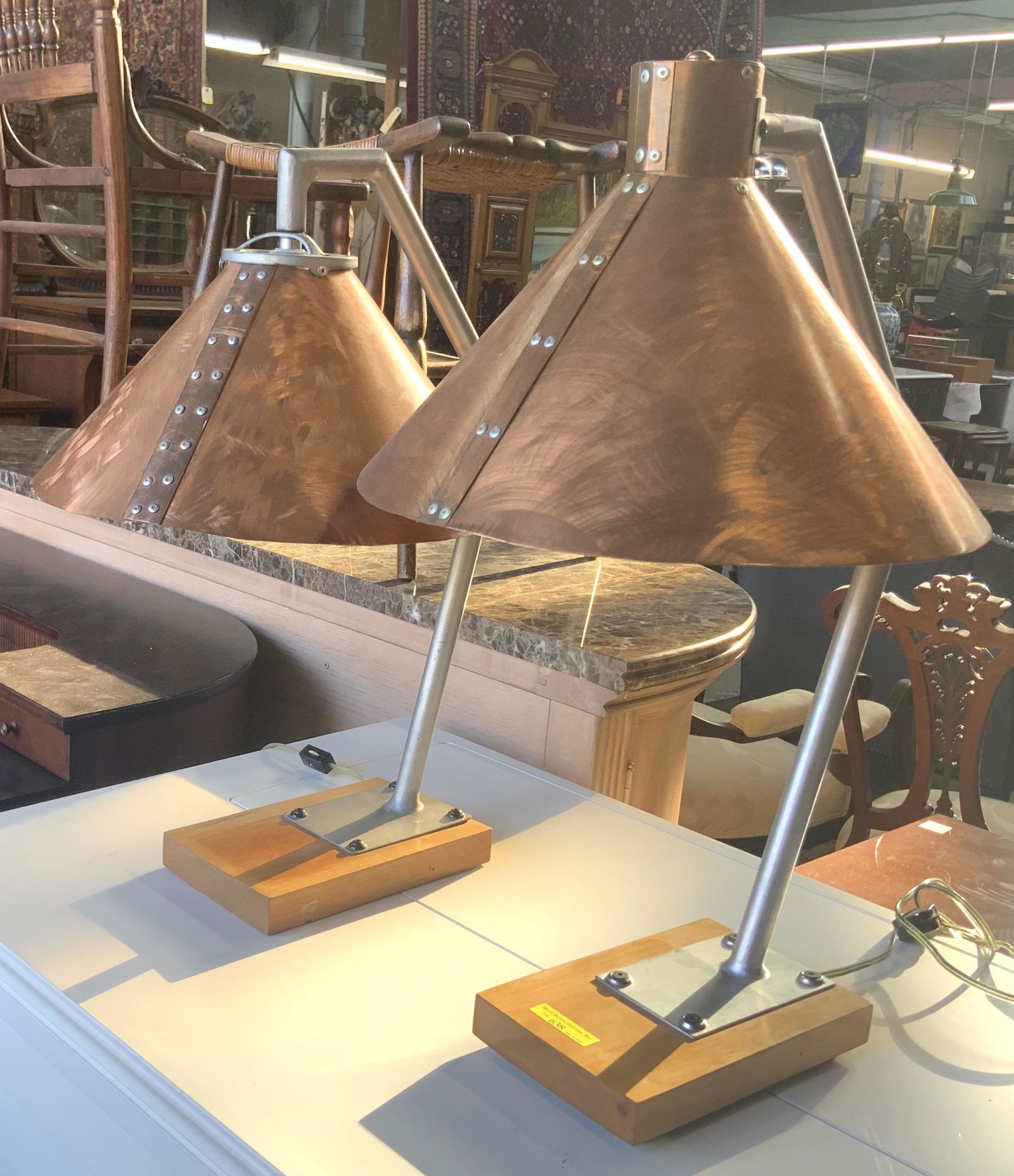 Pair of Artisan-Crafted Lamps w/Copper Shades. (1 of 1)