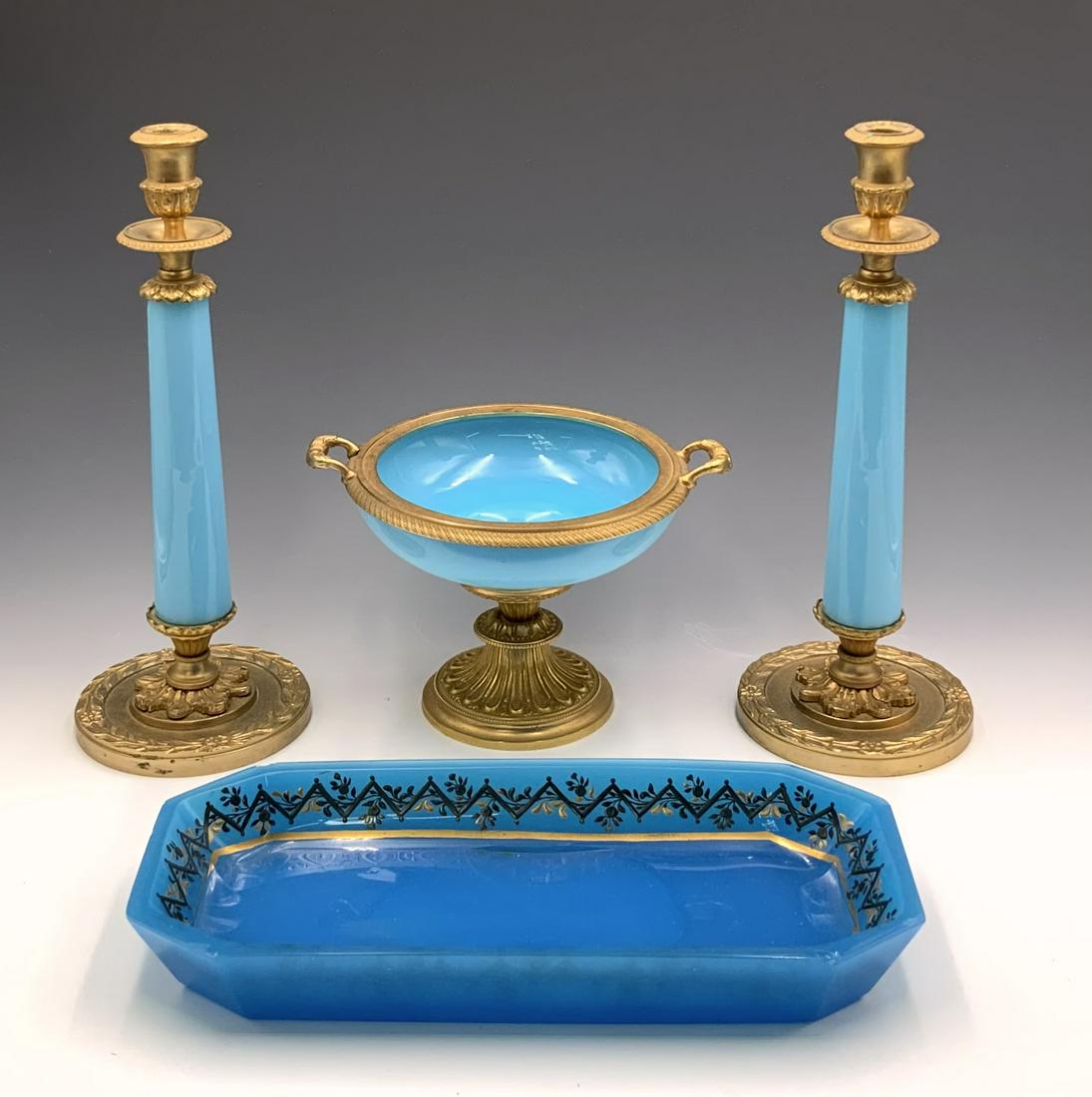 Lot: 4 Pcs.- Blue Opaline Glass w/ Gold Gilt. (1 of 4)