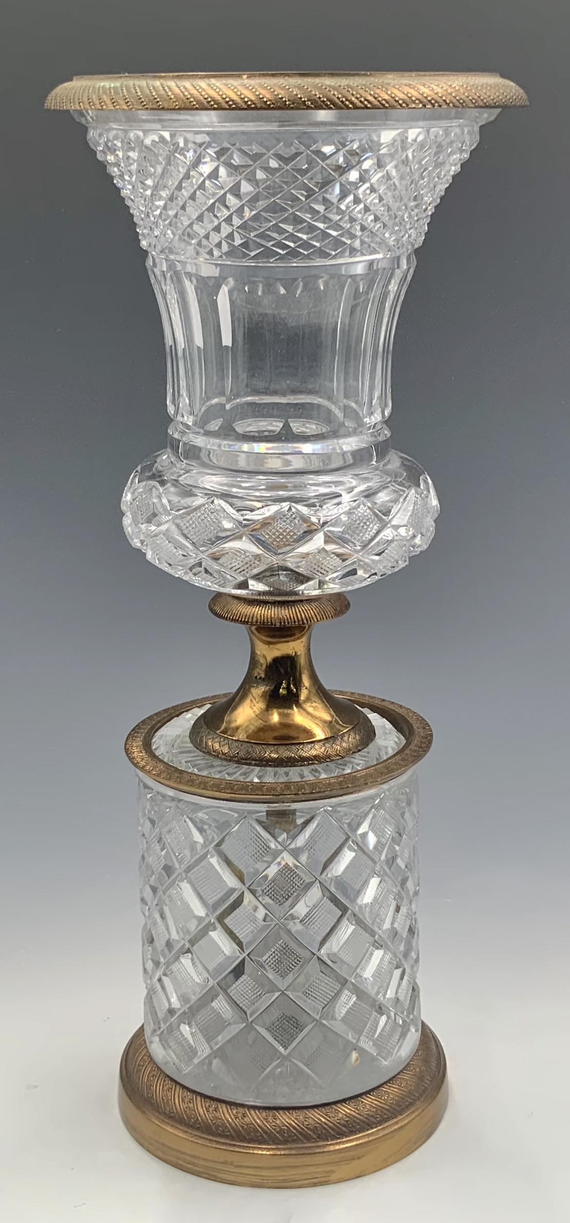 Crystal and Bronze Dore Vase, Possibly Baccarat.: An unmarked antique piece, resembling a mounted Medici vase. It Looks to be in Nice condition overall, with some slight Scratches and Nicks that aren't very noticeable. It Measures 13 1/2" tall, and 6