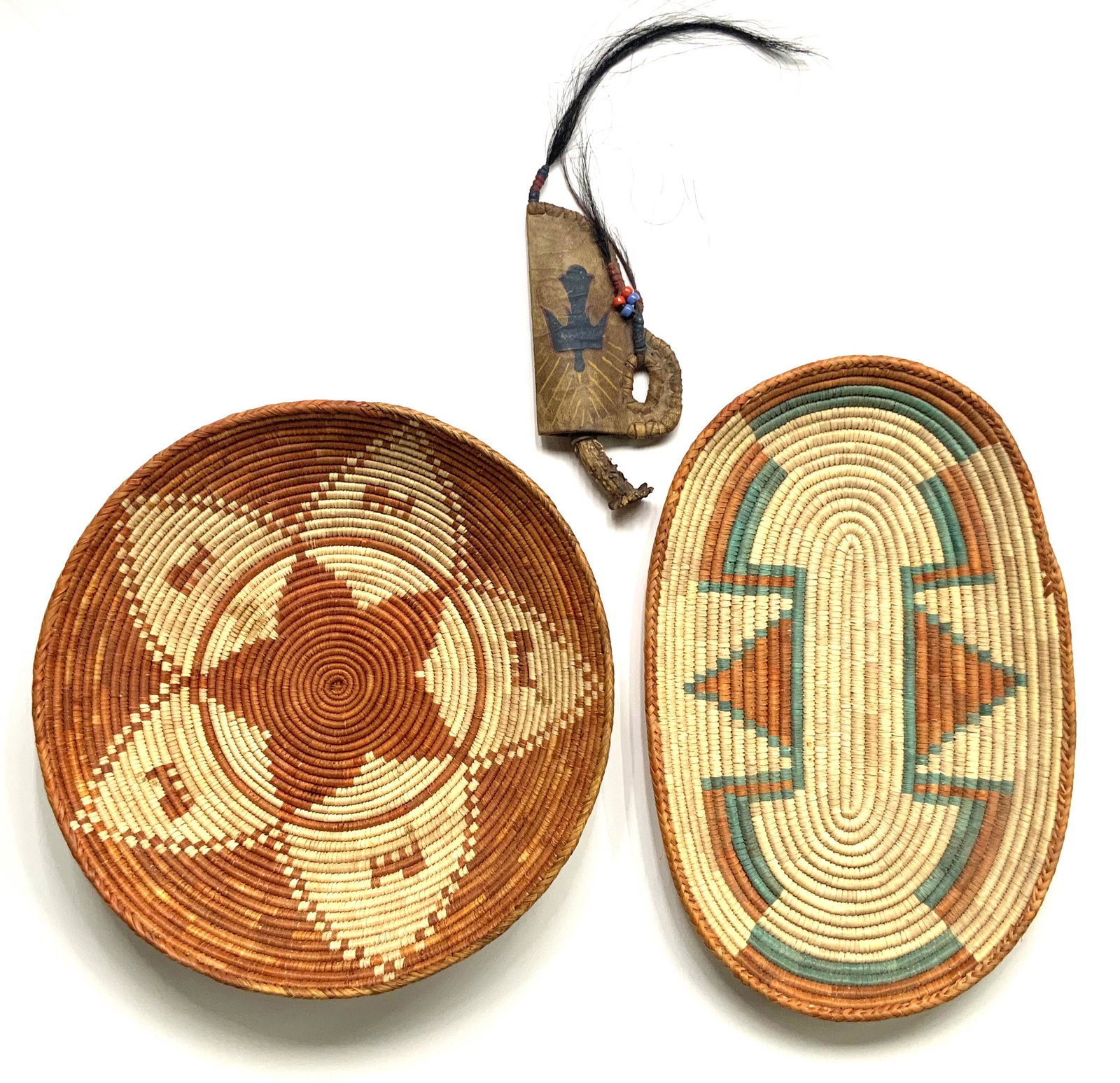 Lot: Navajo Baskets, Antler Knife, Painted Sheath. (1 of 2)