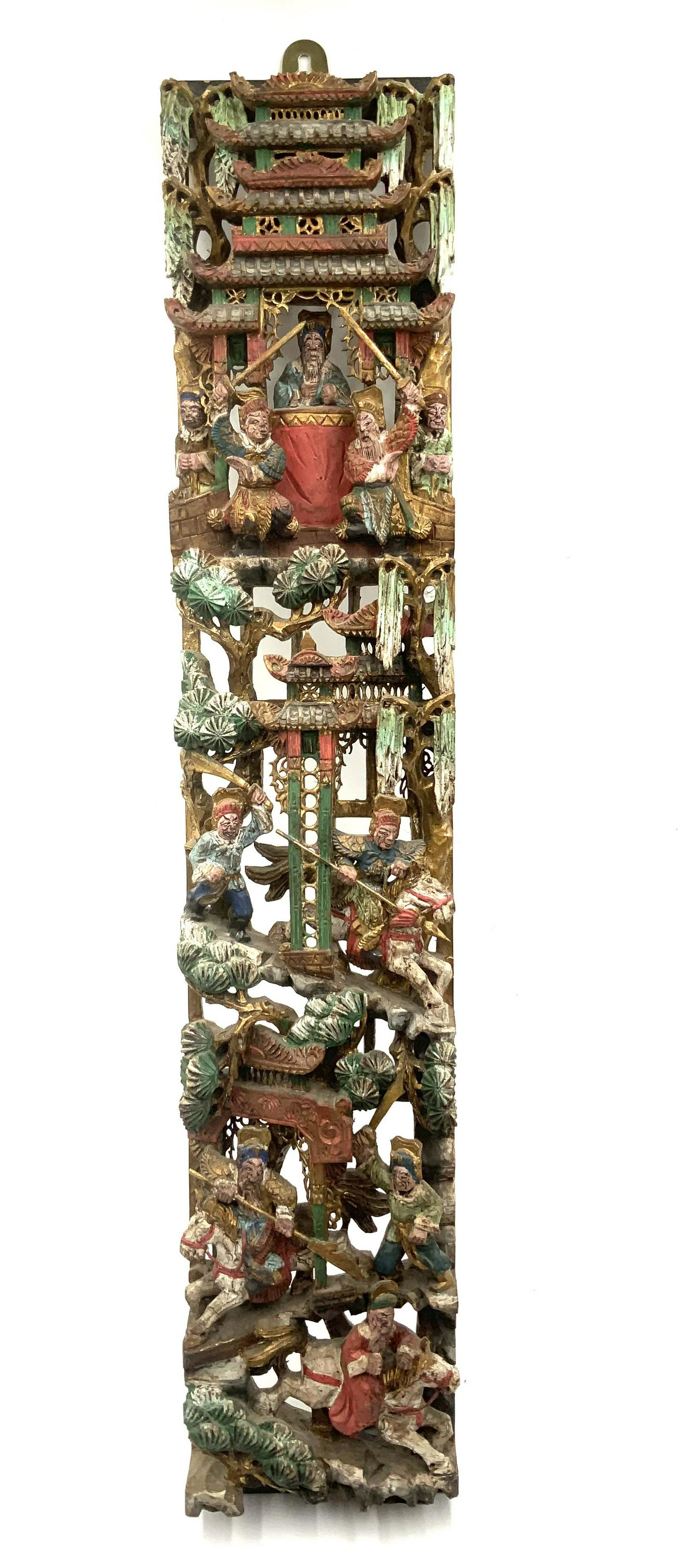 Old Chinese Wood Carved Plaque w/Warrior Figures. (1 of 2)
