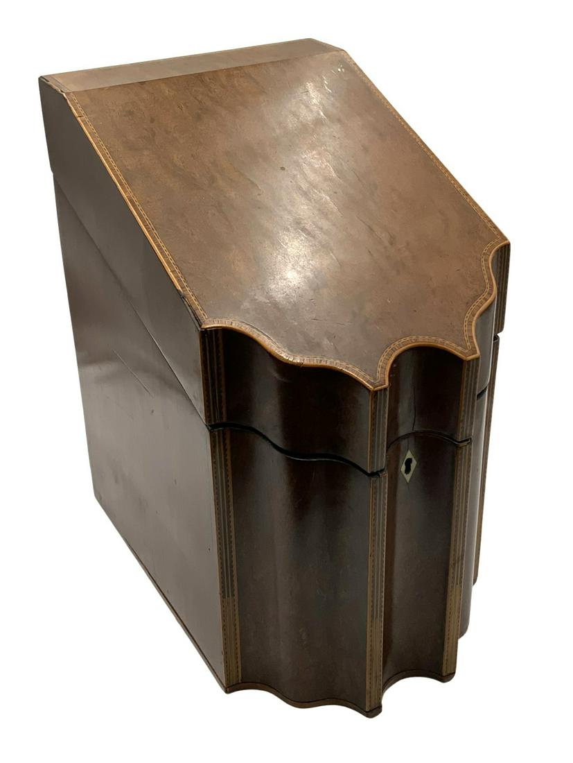 Antique Wood Georgian Knife Box.: There are no knife inserts. The Box Has some Cracks, Scratches, and general surface Wear. It Measures 15 3/4" x 9 1/2" x 13 1/2". Third-Party Shipping or Personal Pickup Required.