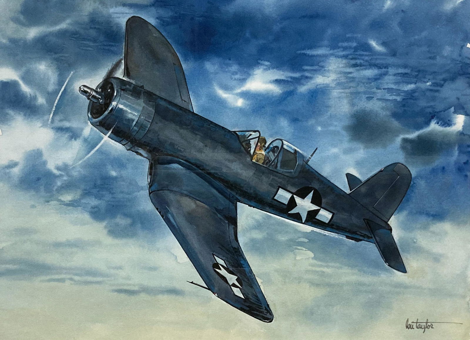 Lou Taylor Gouache Painting of Airplane w/Pilot. (1 of 5)