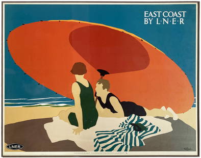 Framed Poster by Tom Purvis, East Coast by LNER.: A Large, framed poster that reads "East Coast by L.N.E.R." signed in-poster by Tom Purvis. The Poster is in excellent condition, as well as the grey-tone metal frame. The Frame measures 33" x 41". Thi