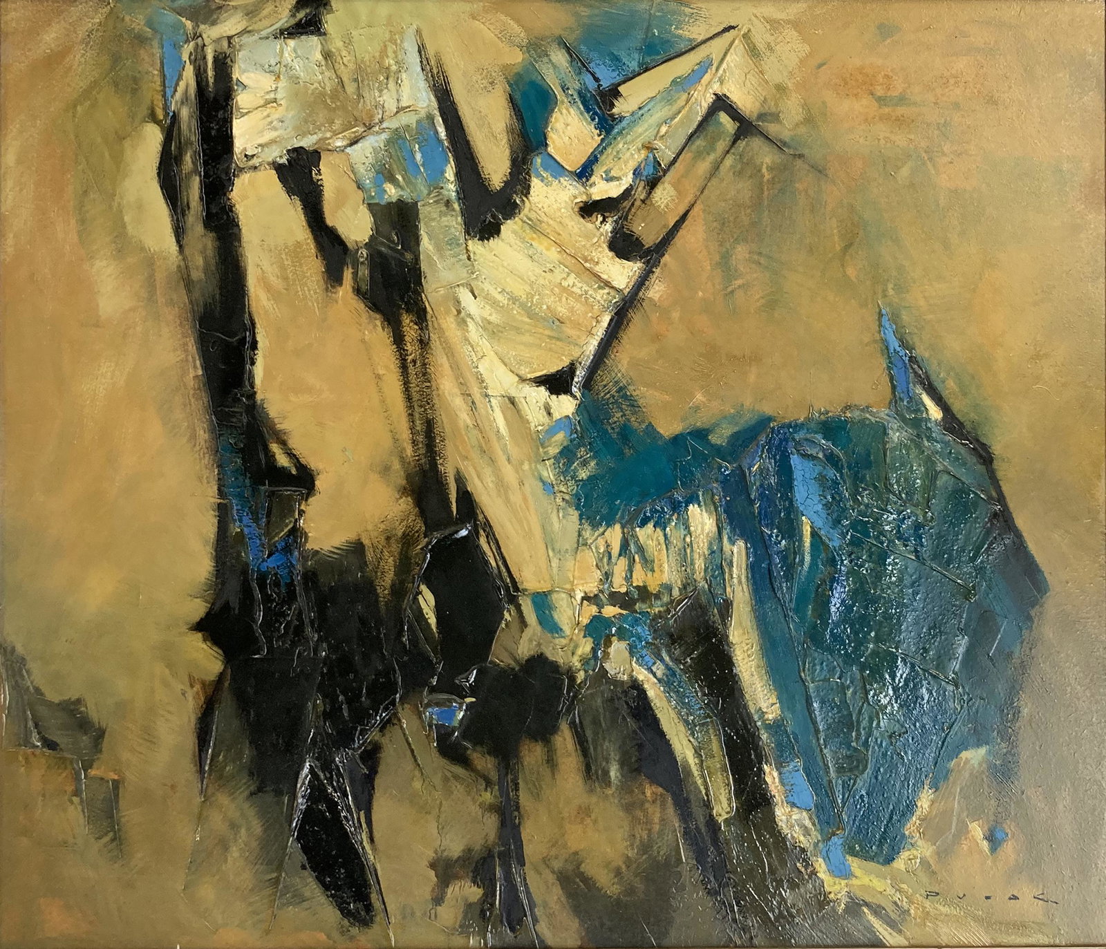 Rudolph Pusak Abstract Oil Painting on Board.: An Abstract oil painting with deeply textured paint, Signed lower right, "Pusak" for Rudolph Pusak. The Painting is in excellent condition. The Wide, wood frame is also in excellent condition. The Pai