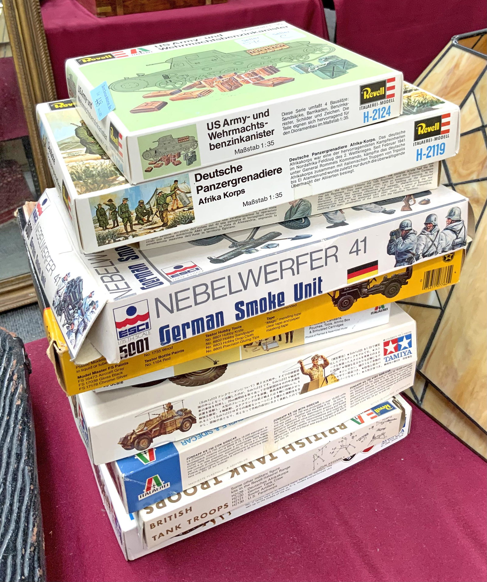 Lot of 10 Vintage Military Model Kits.: These are Tanks, Jeeps, and other Army Vehicles. The Box on top has Tears on the Surface from Stickers being on it. The Other Kits are in Reasonably Good Shape. There are Models by Revell, Esci, Testo