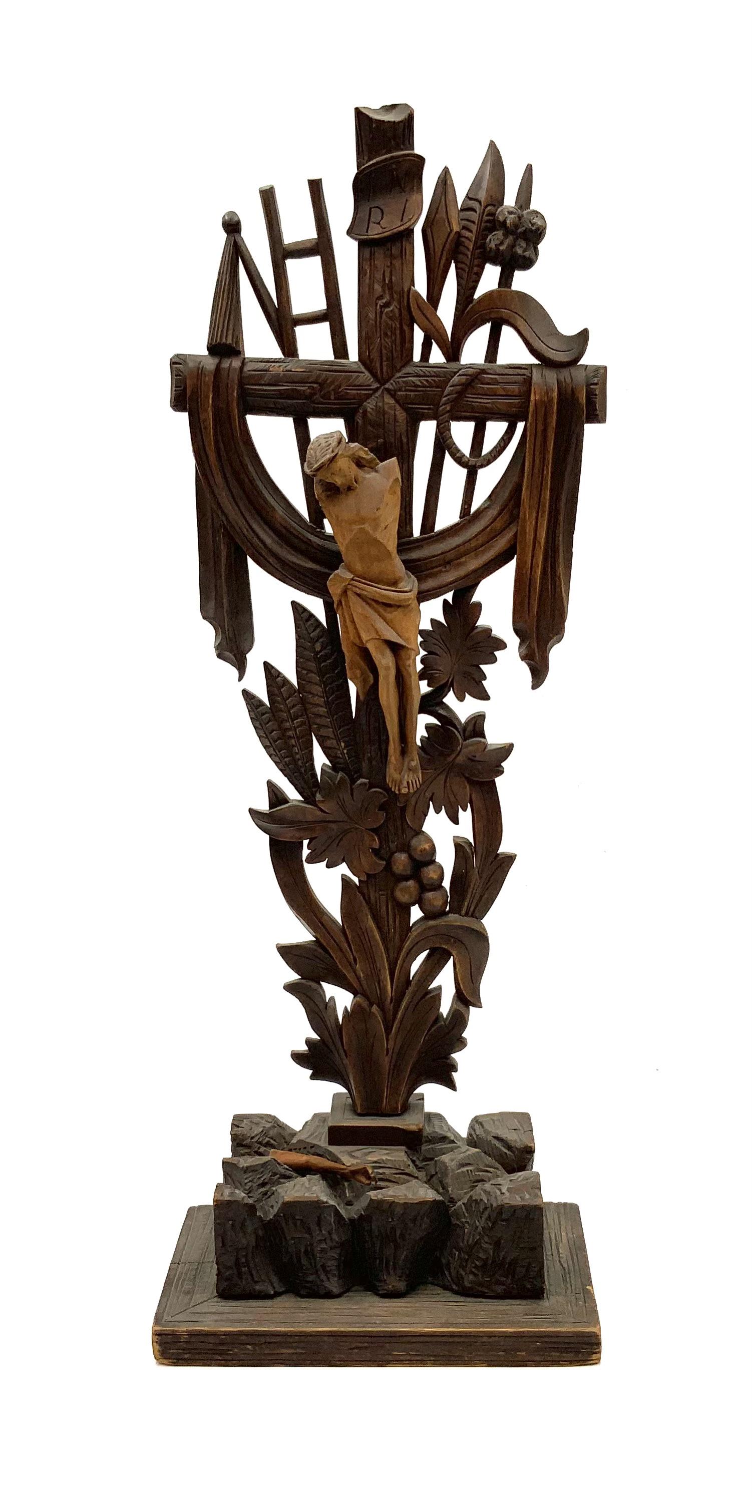 Antique Hand-Carved Black Forest Crucifix.: The Crucifix is AS IS. The Jesus Figure is Missing Both Arm, One arm is Included but Detached - the Other is Missing. The Piece has a partially torn label on the Back, which indicates it is by Frederi