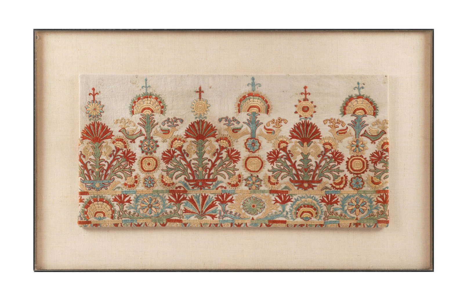 18th Century? Greek Island Embroidery, Framed.: In a Lucite Frame. The Embroidery measures 12 1/2" x 25". The Frame measures 19 3/4" x 32 1/2". Third-Party Shipping or Personal Pickup Required.