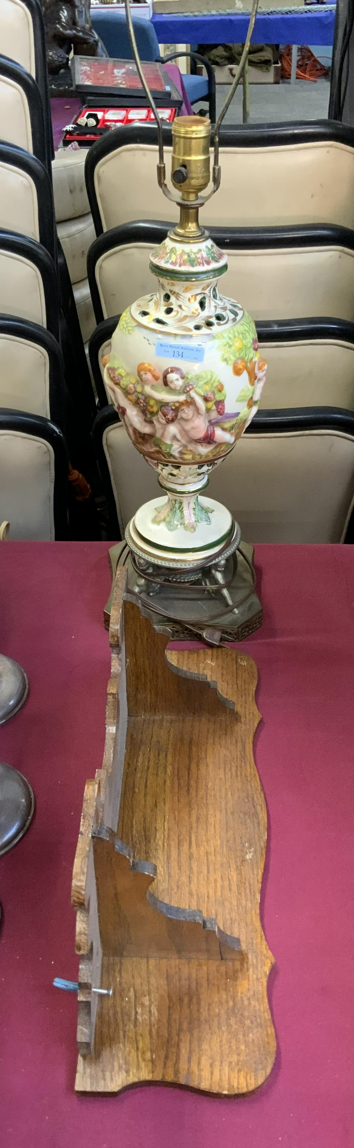 Capodimonte Lamp Base and Wooden Shelf.: The Wooden Shelf is in Fair Condition, with a Small Crack. It Measures 18" Long by 7" Tall by 6" Deep. The Lamp Base is of Capodimonte Style, and Measures 32" Tall and 7" Wide. The Lamp is Untested. T