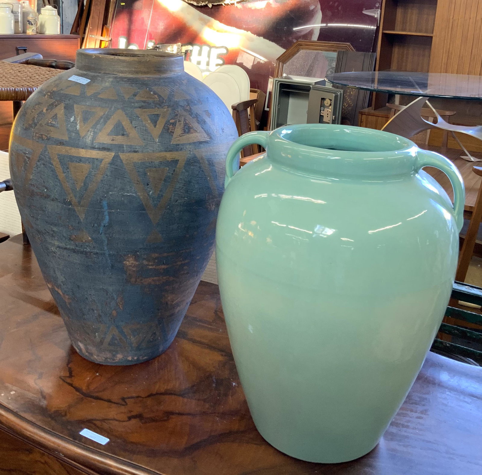Lot: 2 Large Vases and a Cane-Seat Stool. (1 of 1)