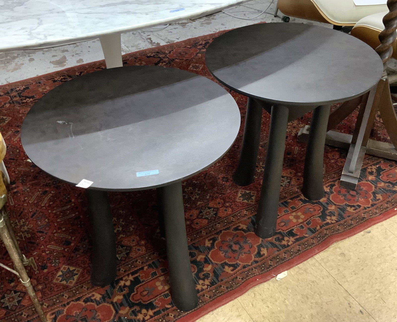 Pair of Mod Dark Wood Tripod-Style Tables. (1 of 1)