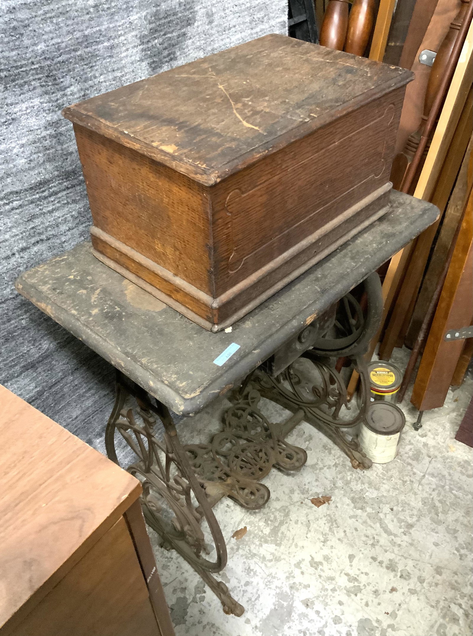 Willcox & Gibbs Antique Treadle Sewing Machine.: With a Very Small, Curved Sewing Machine on it. The Size of the Machine Part is 8 1/2" Tall and 10 1/4" Wide. A Cute Machine. The Base and Cover for the Machine are in Really Rough Shape, though. Thir