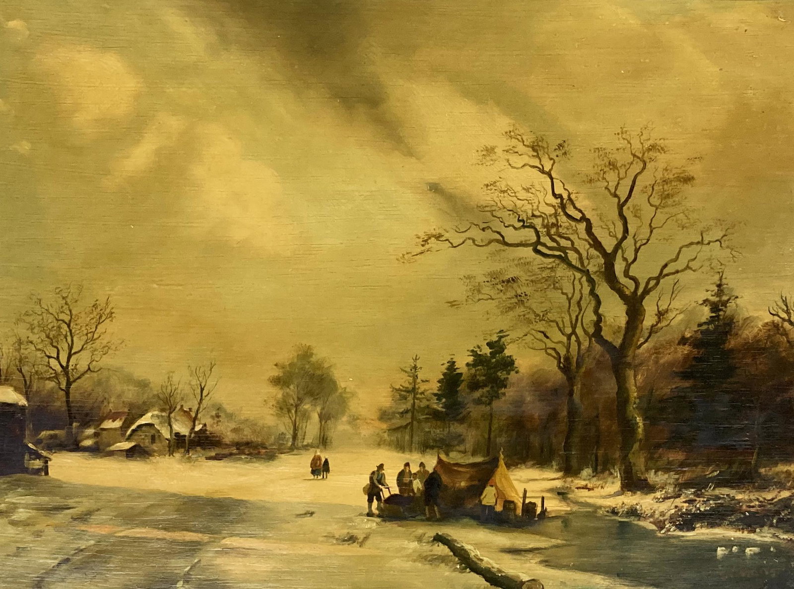 Vintage Oil Painting of Villagers by a Tent. (1 of 4)