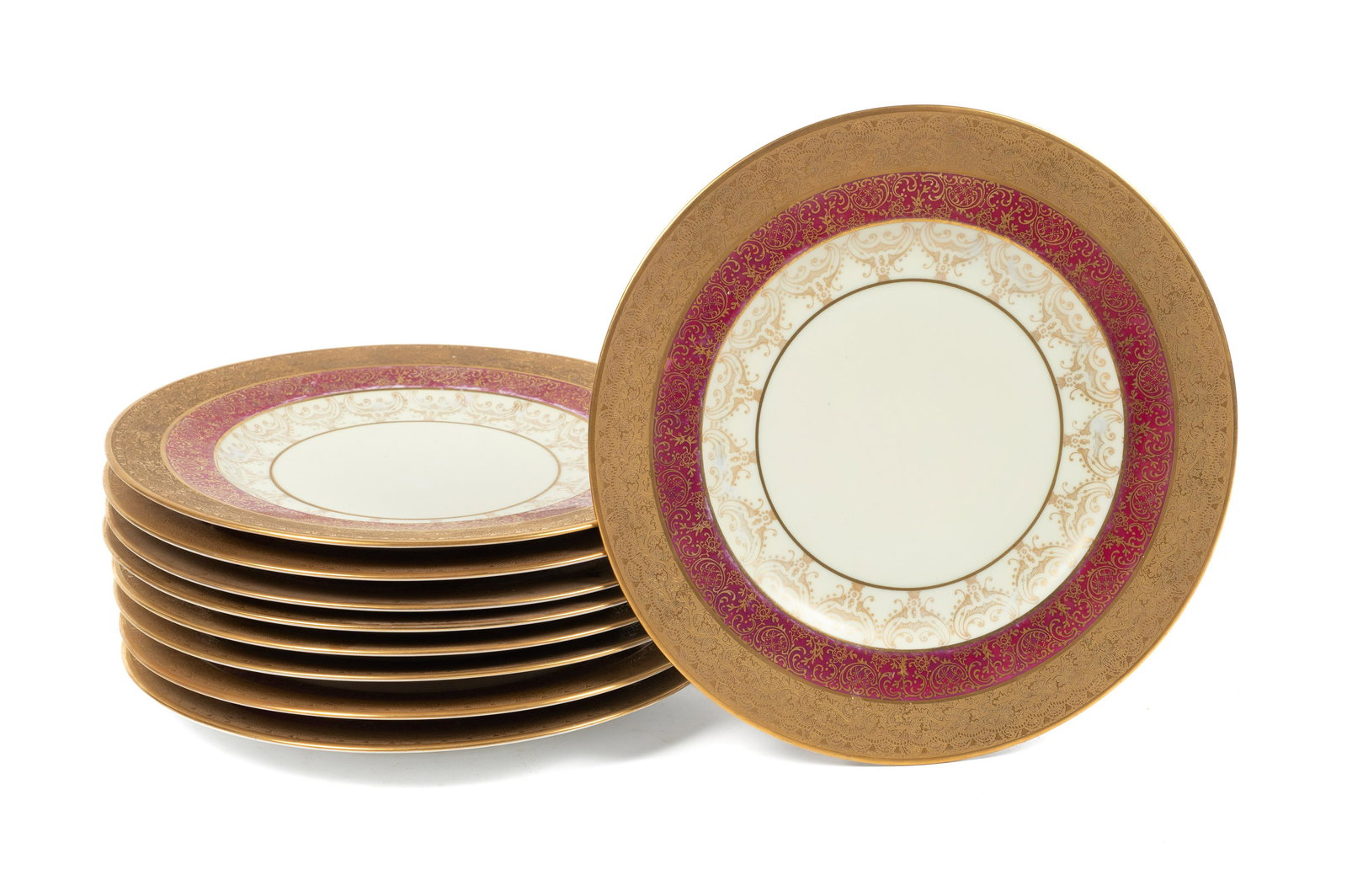 Set of 9 Bavarian Gilded Dinner Plates.: Burgundy and gold, these are in Nice condition, with some minor paint loss. They are all marked, "Bavaria" on the back. Each measures 10 1/2" in diameter. Third-Party Shipping or Personal Pickup Requi