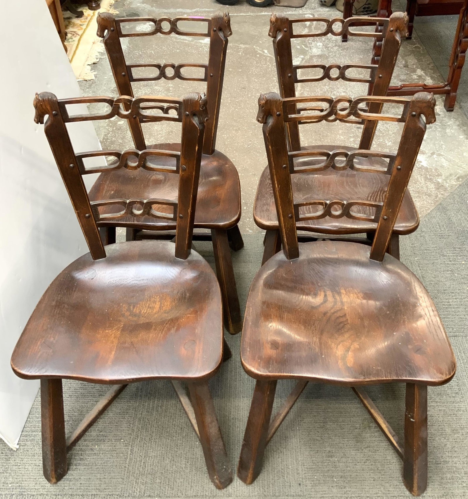 Set of 4 Ranch Oak Style Chairs with Horse Motif. (1 of 2)