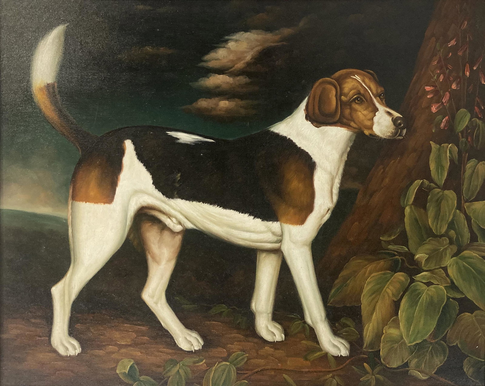 Reproduction of Oil Portrait of a Foxhound.: An Oil painting on canvas of a Foxhound that was copied from an original by George Stubbs. The Label en verso indicates this work was created for Chelsea House. The Painting is in overall excellent co