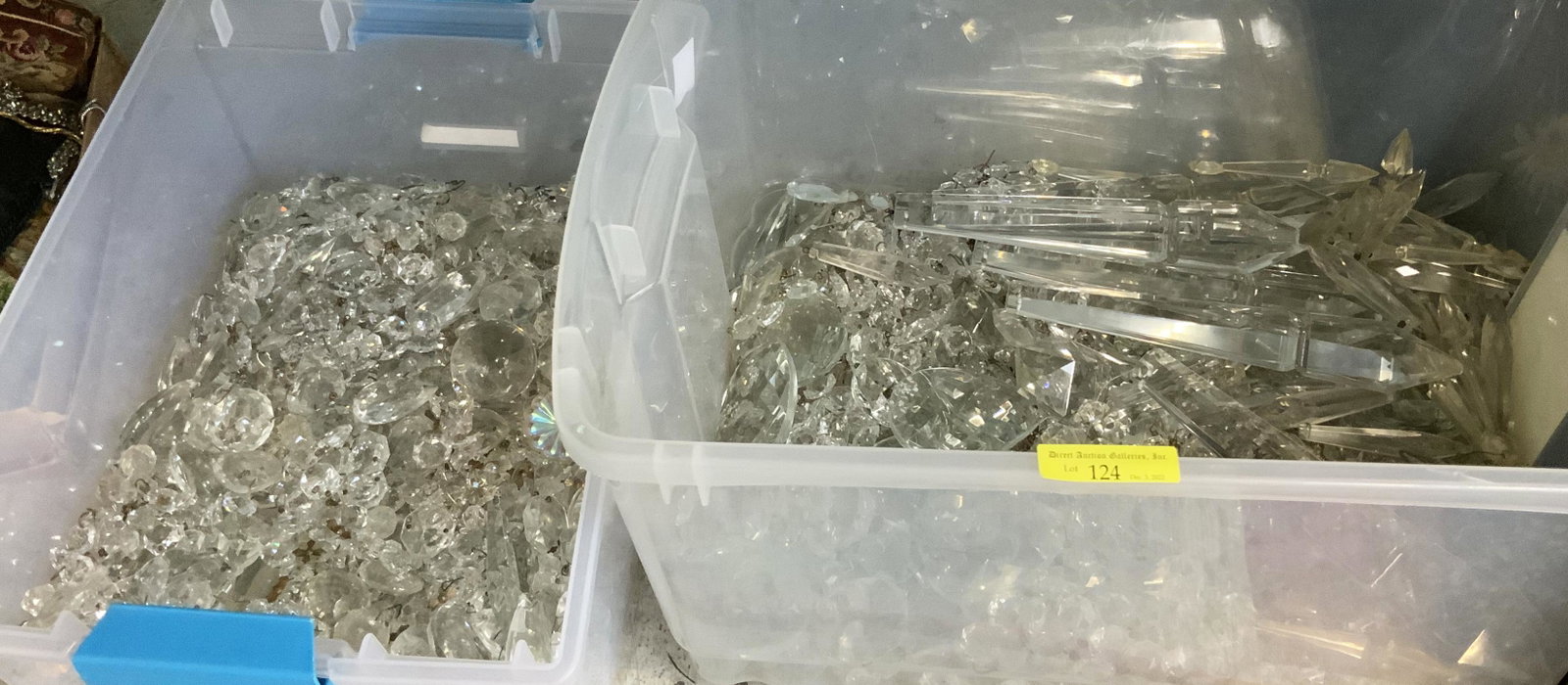 Lot: 2 Tubs of Chandelier Prisms, Drops and Parts.: It looks like these are in Good Overall Condition. Third-Party Shipping or Personal Pickup Required.
