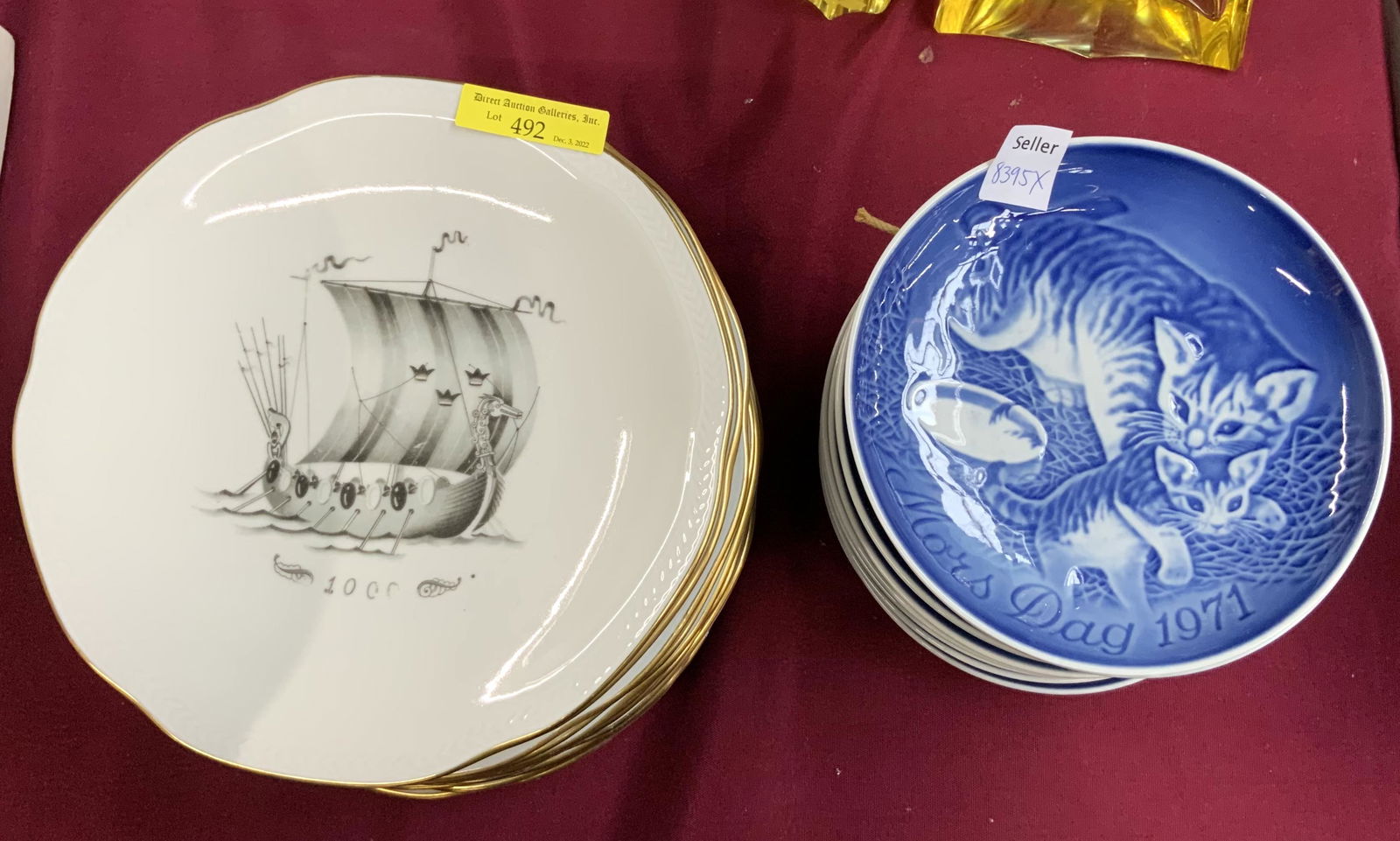Lot: Viking Ship and Mother's Day Collector Plates: The Mother's Day Plates are by Bing & Grondahl (B & G). There are 10 Plates, 1970's-1980's. The Viking Boat Plates are by Rorstrand. There are 12 of these. One of them has as Couple of Flea Bites on t
