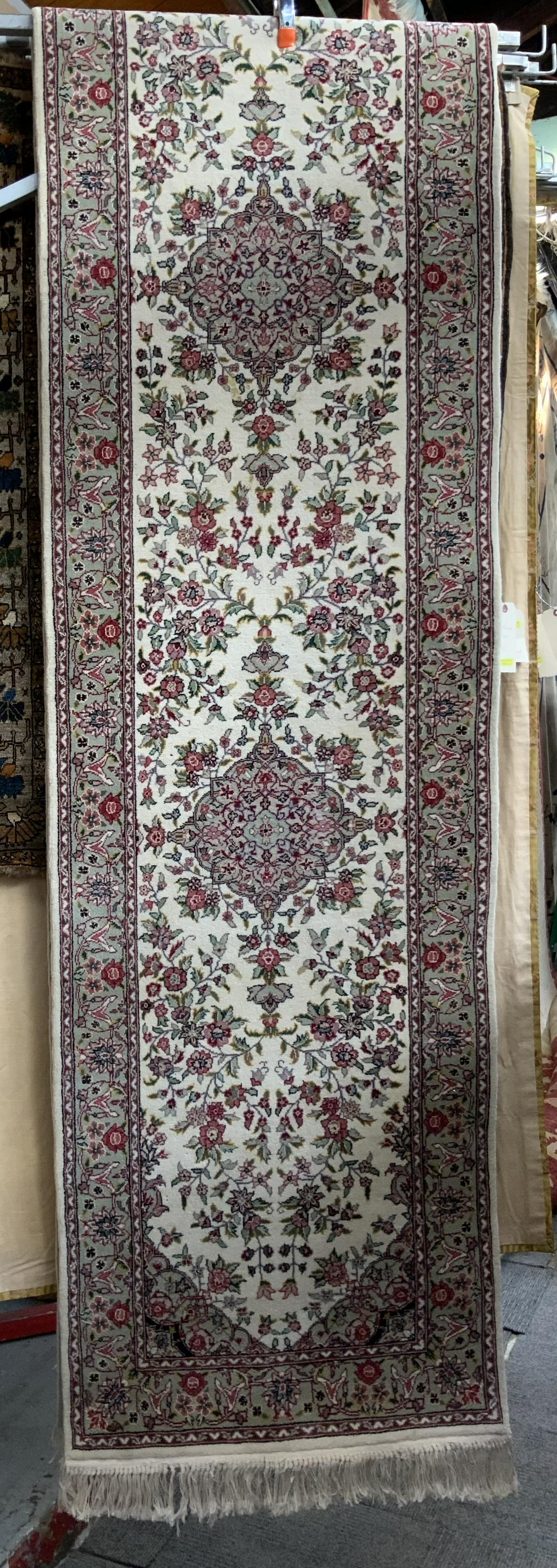 2' 7" x 16' Beige Runner Rug w/Silk Inlay.: This Rug is in Overall Good Condition. Third-Party Shipping or Personal Pickup Required.