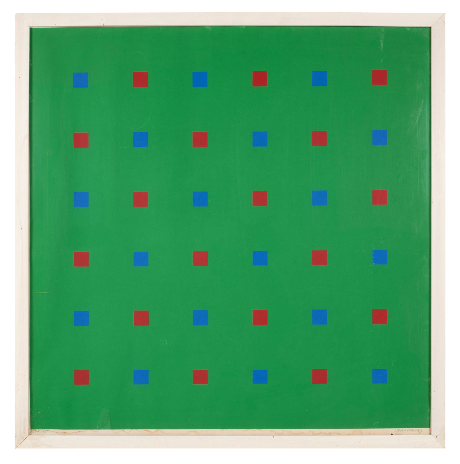 John Massey Print with Green and Squares, Signed.: A Green field with red squares print or serigraph by John Massey. The Work is signed in the lower right. It is numbered and dated in pencil "2/30 1967" in the lower left. The Print has water damage al