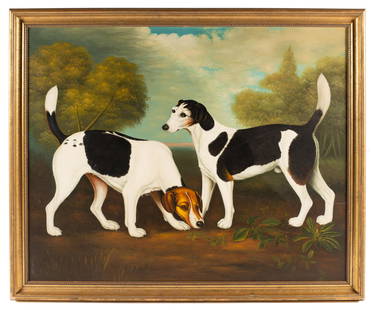 Oil of Foxhounds in the Style of George Stubbs.: An Oil painting on canvas of two foxhounds in the style of George Stubbs. The Work is unsigned. The Painting is in excellent condition. The Gilt frame has minor scuffing. The Painting measures 33" x 4