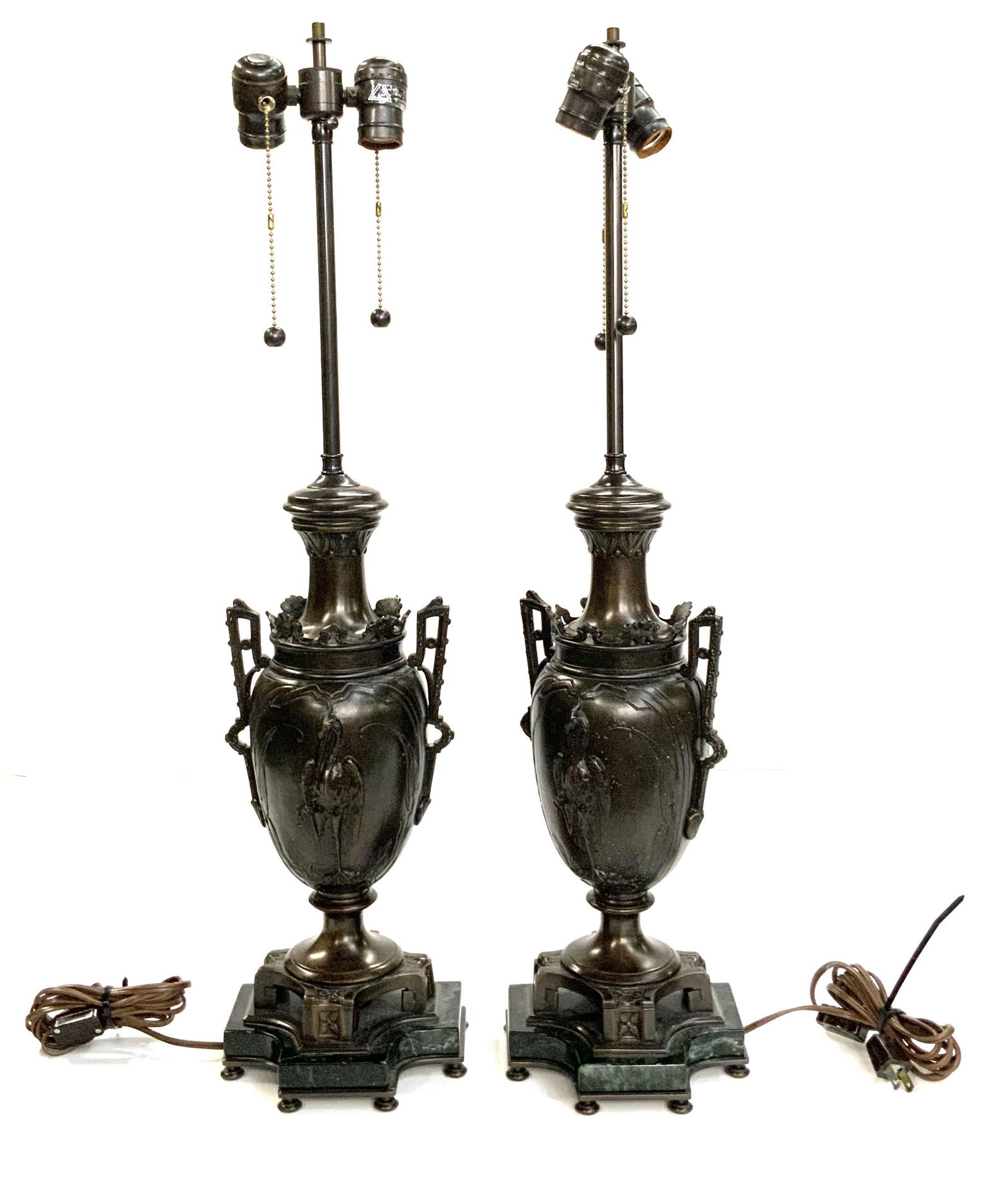 Pair of Bronze Urn Lamps w/ Crane Designs. (1 of 2)