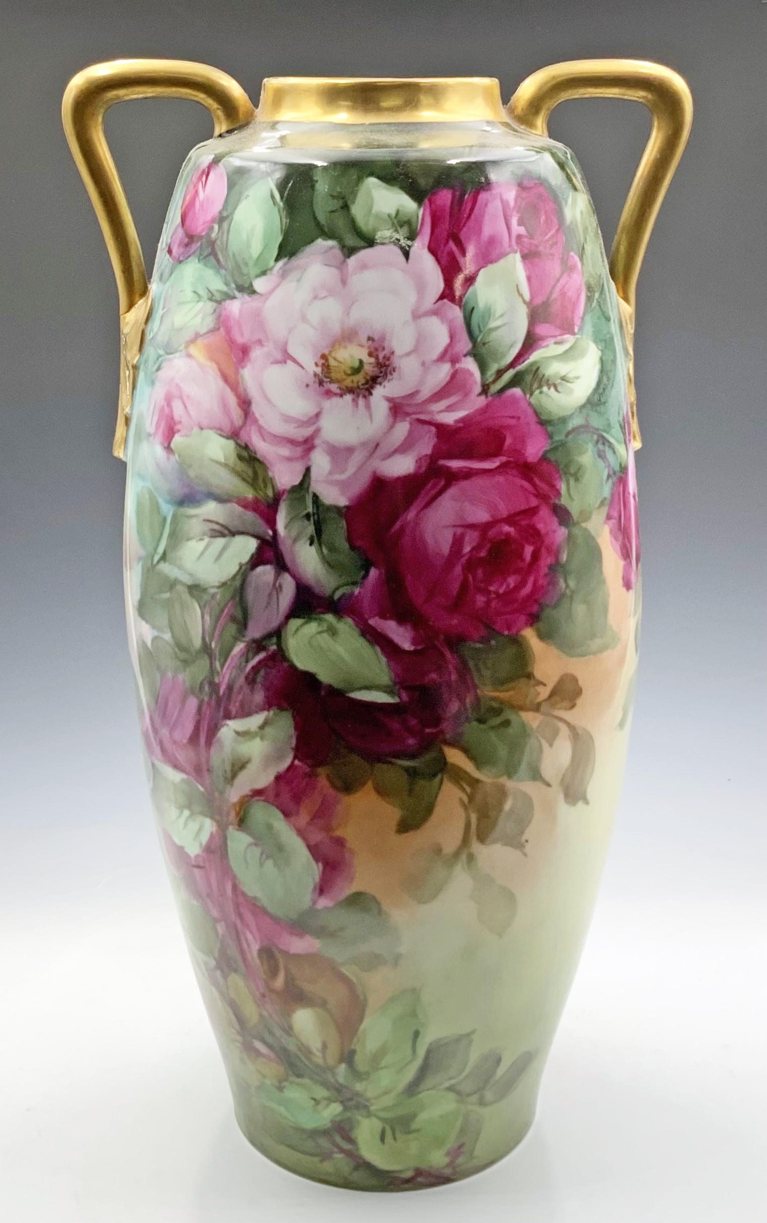 17" Austrian Vase w/ Pink Flowers & Gold Handles. (1 of 4)