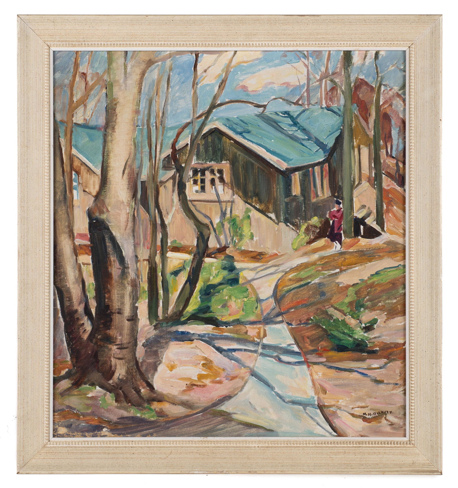 Painting, Summer Cottage, Sgd. May Hardman Gilruth: An Oil painting on Canvas of a summer cottage by water and trees signed lower right, "M. H. Gilruth", for May Hardman Gilruth. The Paint is in overall excellent condition. The Whitewashed frame shows 