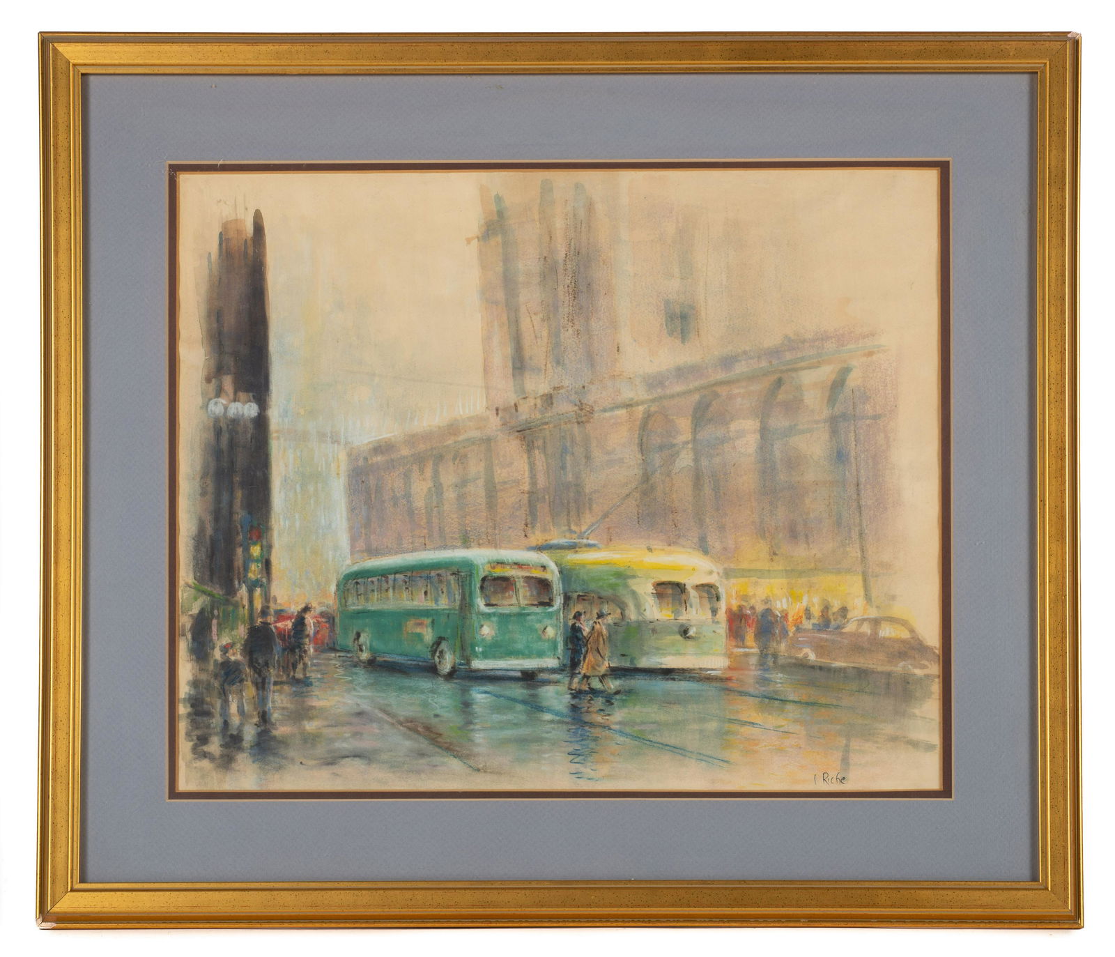 Pastel of Cityscape with Buses by I Riche. (1 of 4)