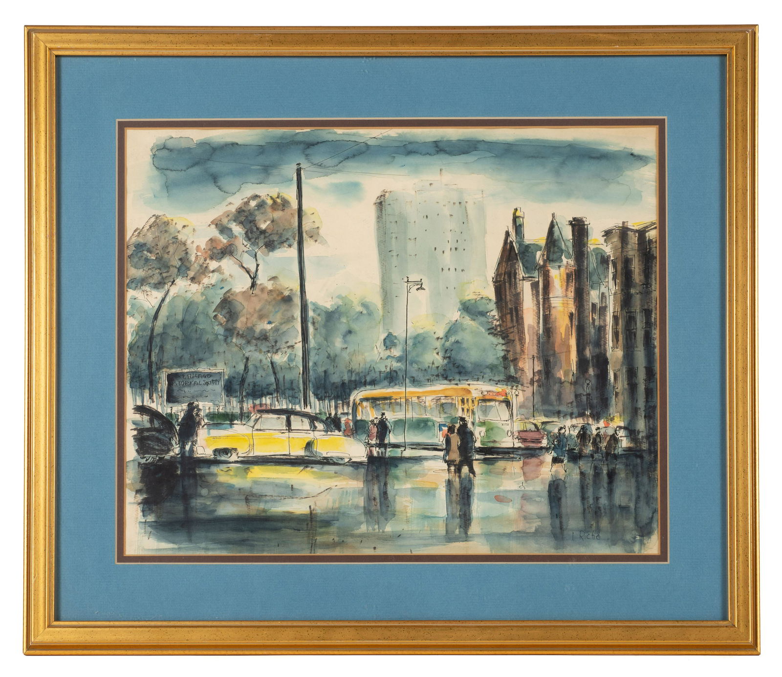 Watercolor and Ink Chicago Cityscape Sgd. I Riche. (1 of 4)