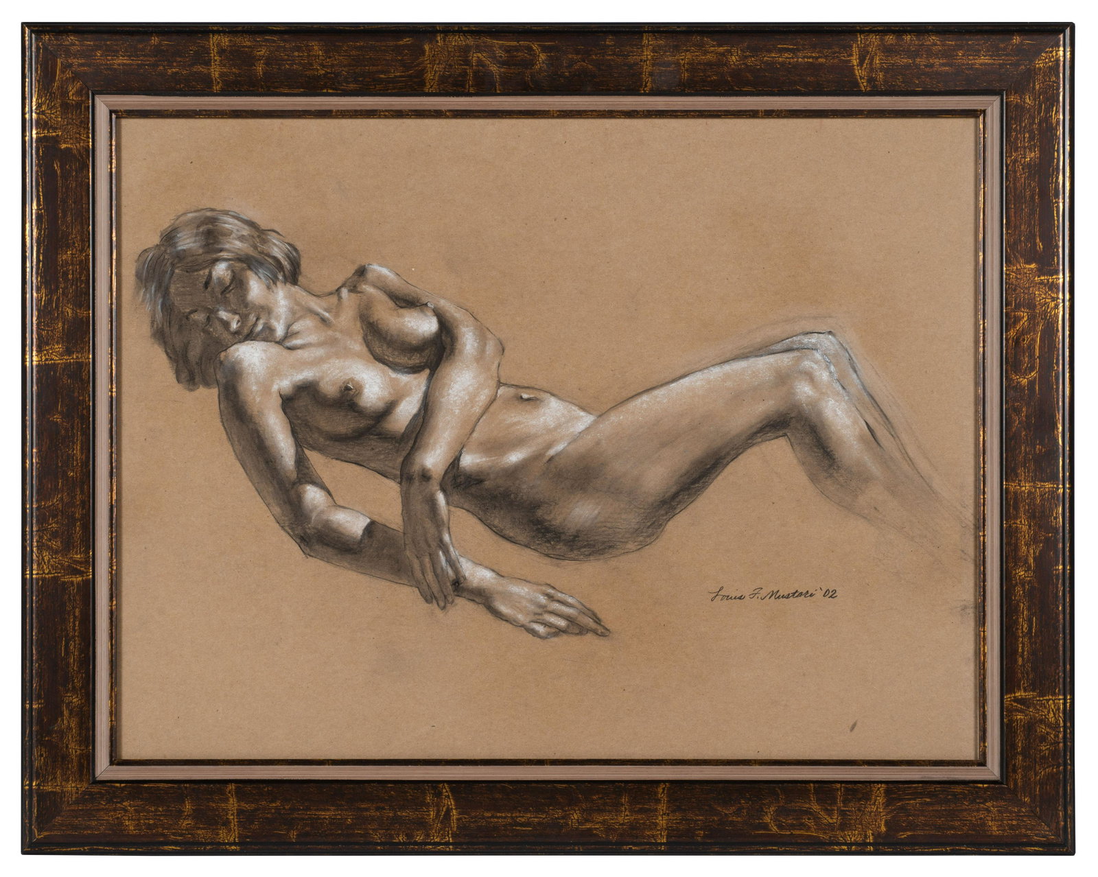 Chalk and Charcoal of Nude Woman by Louis Mustari.: A Rendering of a reclining nude entitled "Brunette Laying Down" by Lou Mustari. It is Signed lower right "Louis F. Mustari '02". The Drawing is in excellent condition. The Gilt and black frame is in e