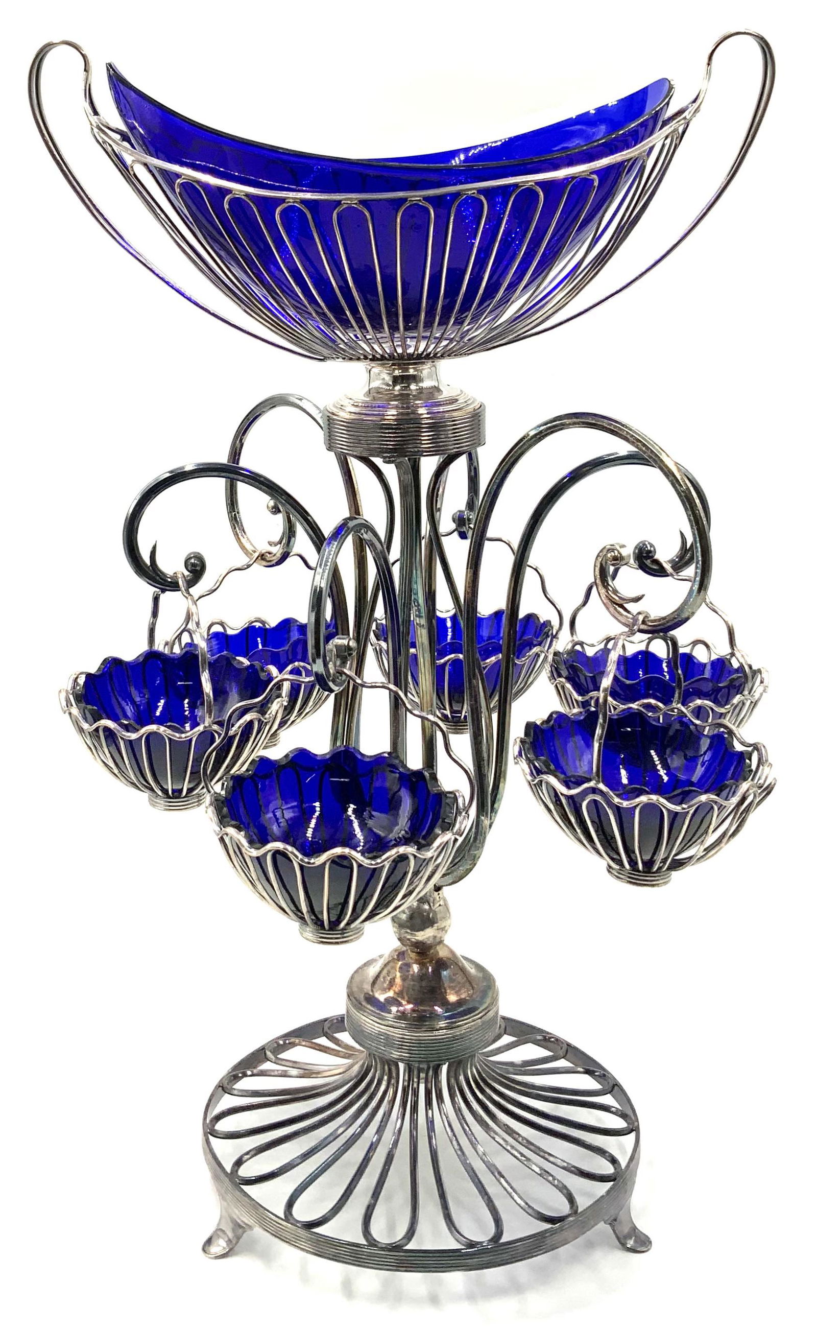 Silverplate 6-Arm Epergne w/ Cobalt Blue Bowls. (1 of 3)