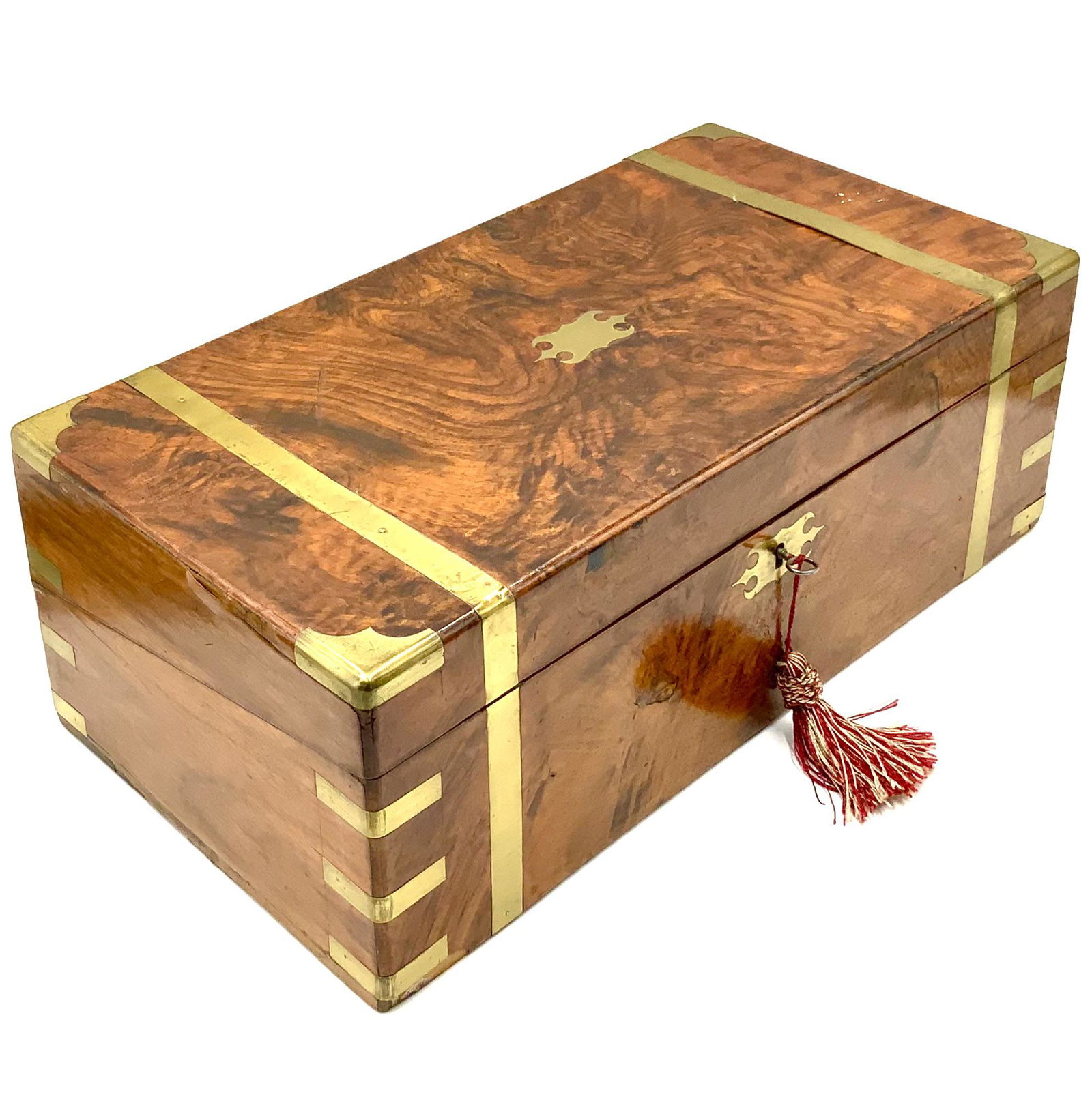 Antique Burled Wood Travel Writing Box w/ Key. (1 of 5)