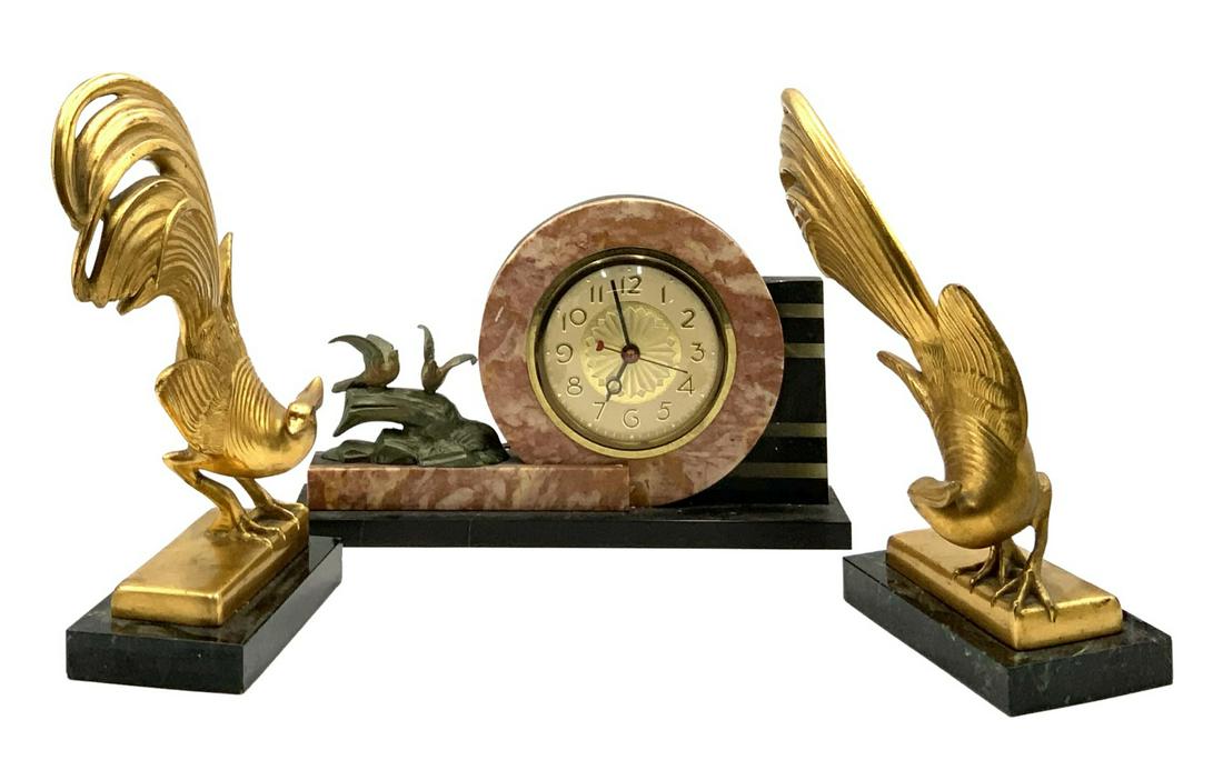 Art Deco Marble Clock & Gilded Bird Garnitures. (1 of 5)