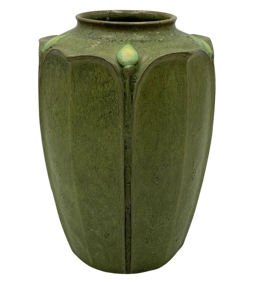 Arts & Clay Company Green Pottery Vase.: Arts & Crafts style, with a leaf motif. The Underside has a paper label attached. It Looks to be in Nice cosmetic condition, and Measures 7 3/4" tall.