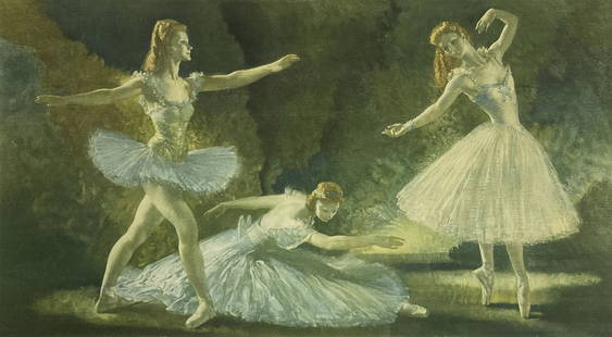 William Russell Flint sgd. Print of Ballerinas.: A Print of dancers signed in the lower left in pencil. The Print is not numbered. The Sight area measures 15 1/2" x 16 1/2". The Frame is in excellent condition, and measures 25 5/8" x 35 3/4". Third-