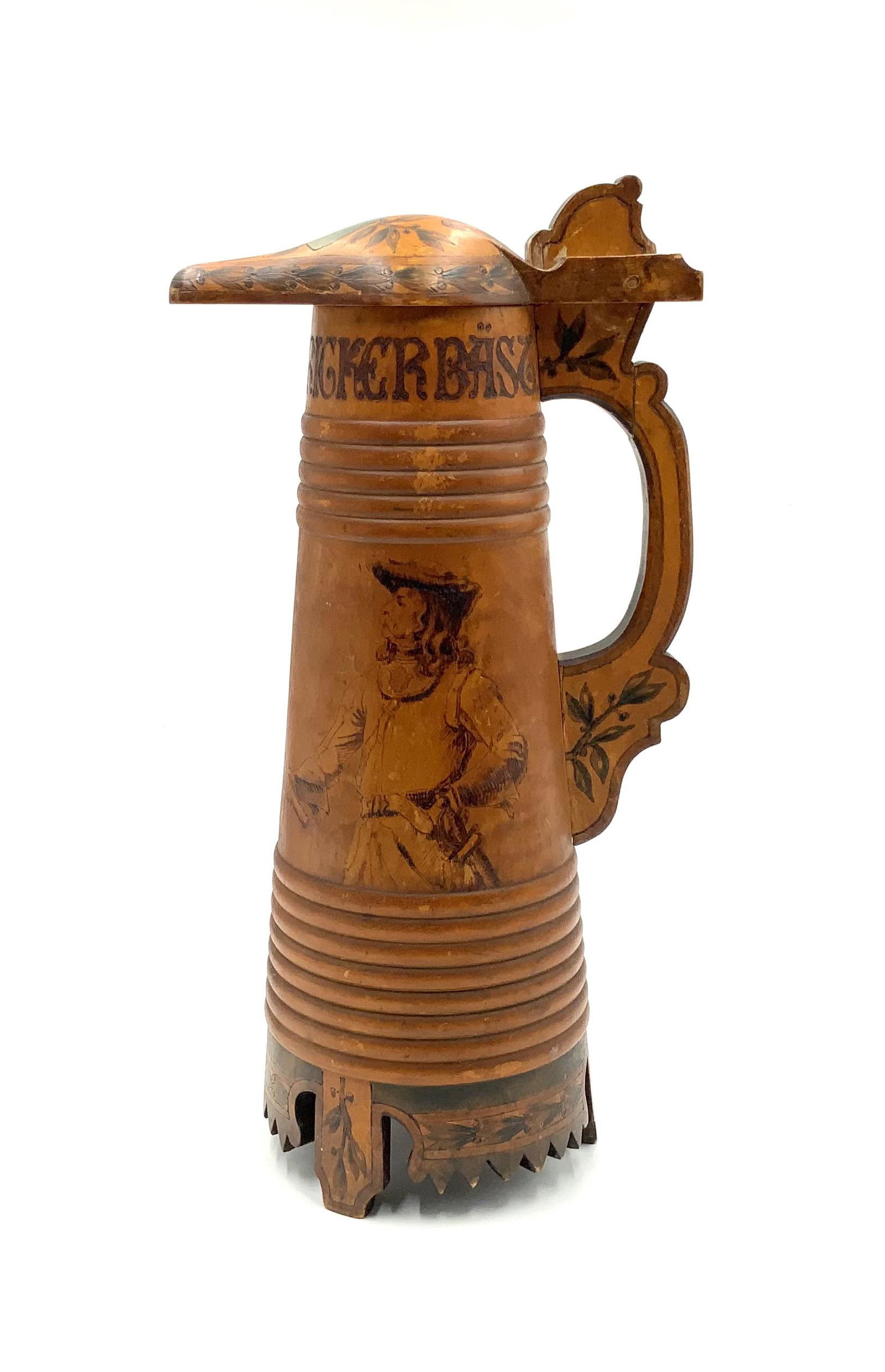 Antique Norwegian Carved Wood Tankard w/ Portrait.: The portrait is of a Cavalier. The other side of the tankard has a lion standing by a coat of arms (also bearing a lion). The words below the lid of the tankard translate to "Happy Guest Drinks Best".