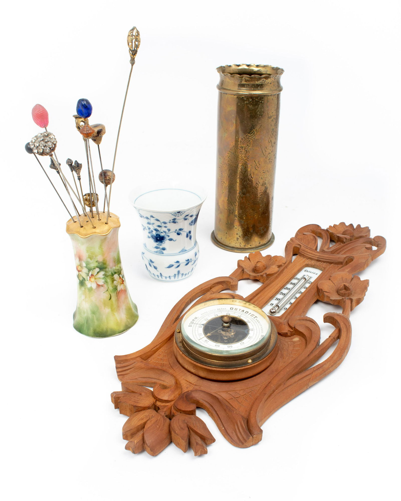 Lot: 4 Pcs.- Trench Art, Carved Barometer, etc. (1 of 8)