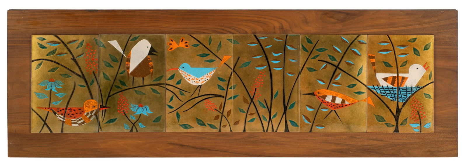 Teakwood Mid-Century Enameled Copper Bird Plaque. (1 of 3)