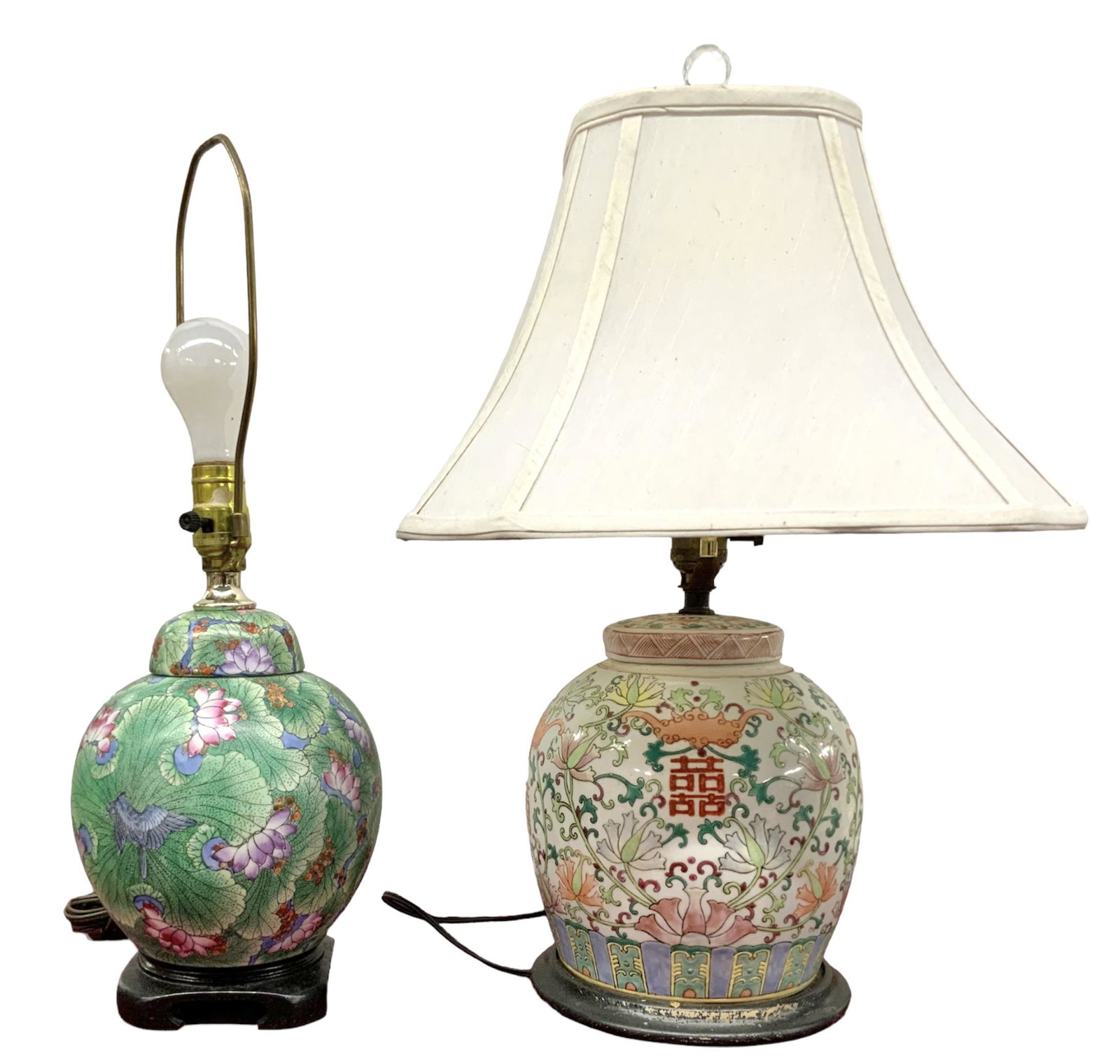 Lot of 2 Chinese Porcelain Jar Lamps.: One of them is without its Shade, and the top piece of the Harp is missing. This is a Contemporary Lamp. The Other Lamp looks to be a little Older, measuring 22" Tall from the Base to the top of the C