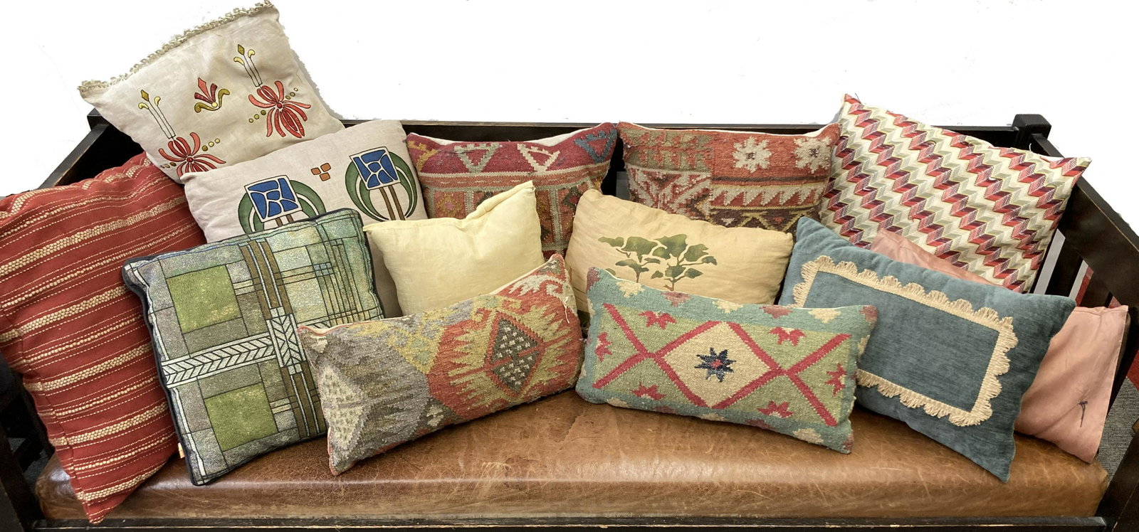 Lot of 14 Pillows, some Arts & Crafts Style.: Some have Hand-Stitching. Not all are in Perfect Condition.